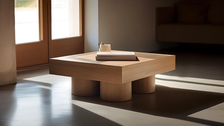Brutalist Square Coffee Table in Warm Wood Veneer, Podio by NONO For Sale 4