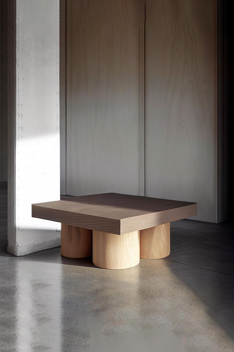 Brutalist Square Coffee Table in Warm Wood Veneer, Podio by NONO For Sale 1