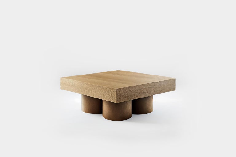 Brutalist Square Coffee Table in Warm Wood Veneer, Podio by NONO For Sale 2