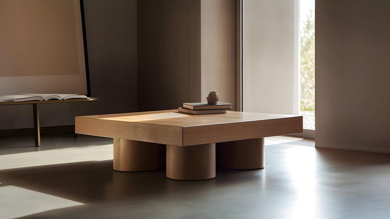 Brutalist square coffee table in red oak wood Veneer, Podio by NONO

The NONO design team presents a coffee table that exudes elegance and modernity. The foundation of this piece is a cluster of cylindrical columns, providing a sturdy base for the