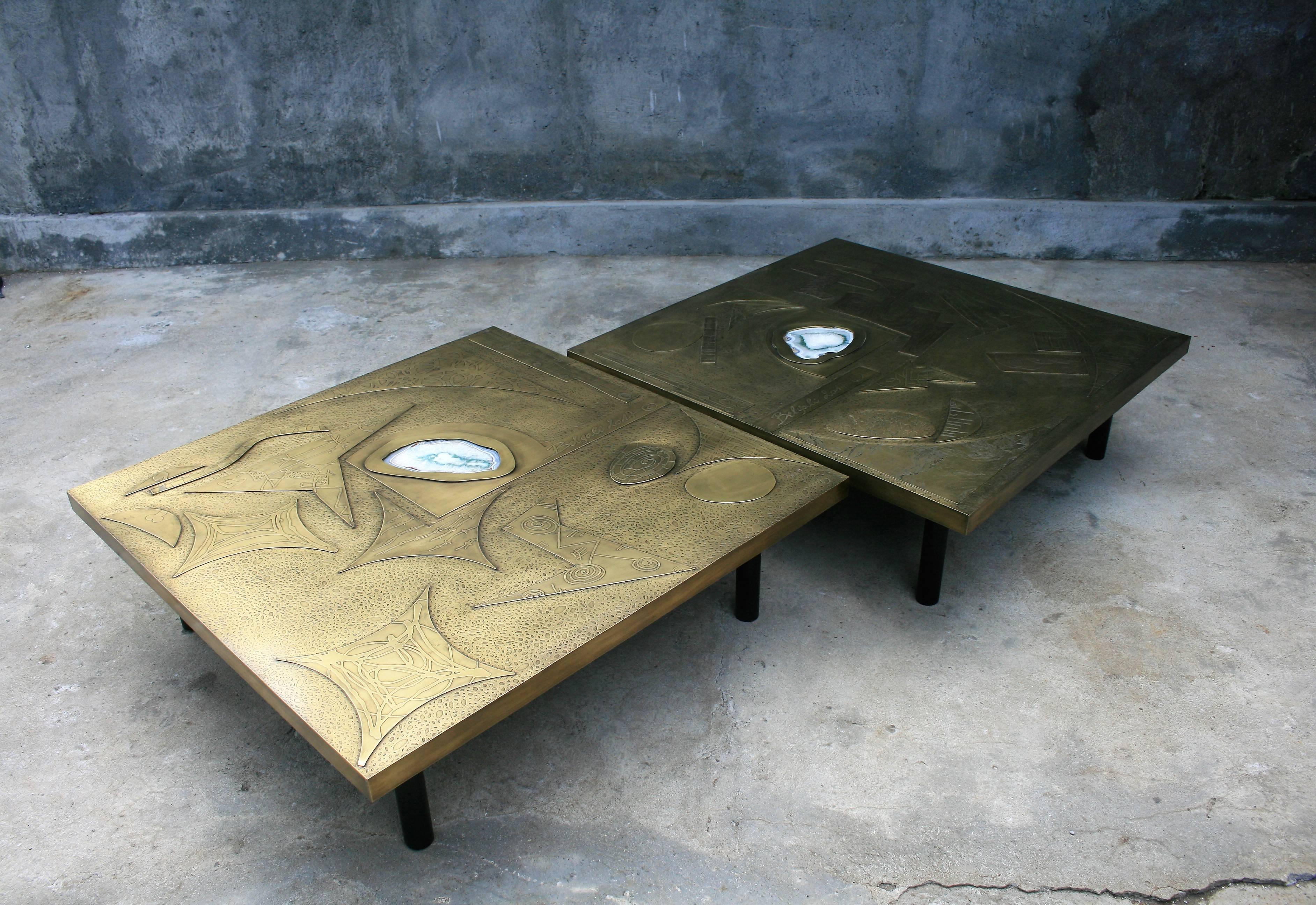 Brutalist Square Coffee Table Nr1 by Belgali Acid Etched Brass and Agate Slice For Sale 3