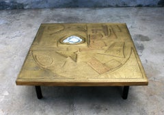 Brutalist Square Coffee Table Nr2 by Belgali Acid Etched Brass and Agate Slice