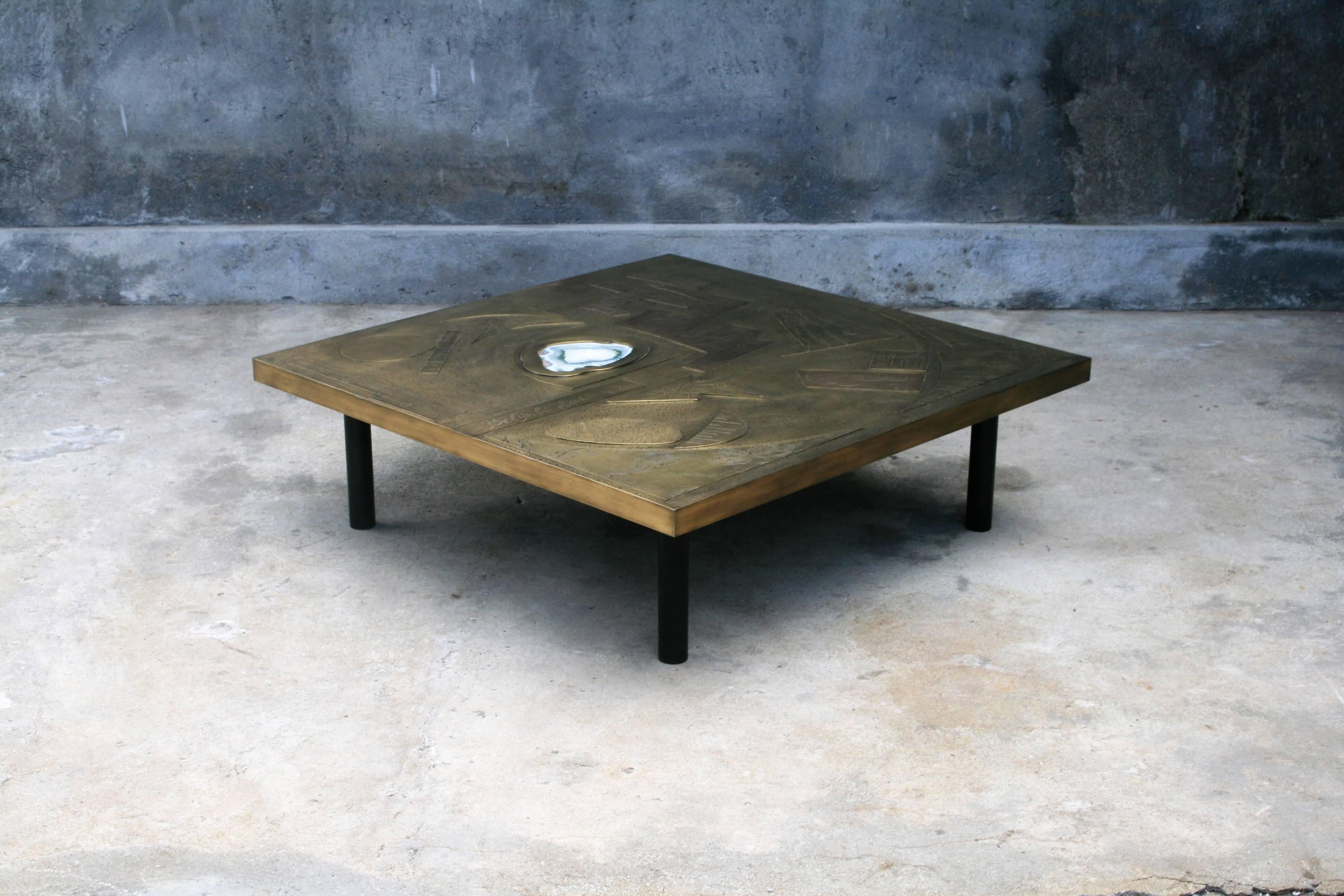 Belgian Brutalist Square Coffee Table Nr2 by Belgali Acid Etched Brass and Agate Slice For Sale