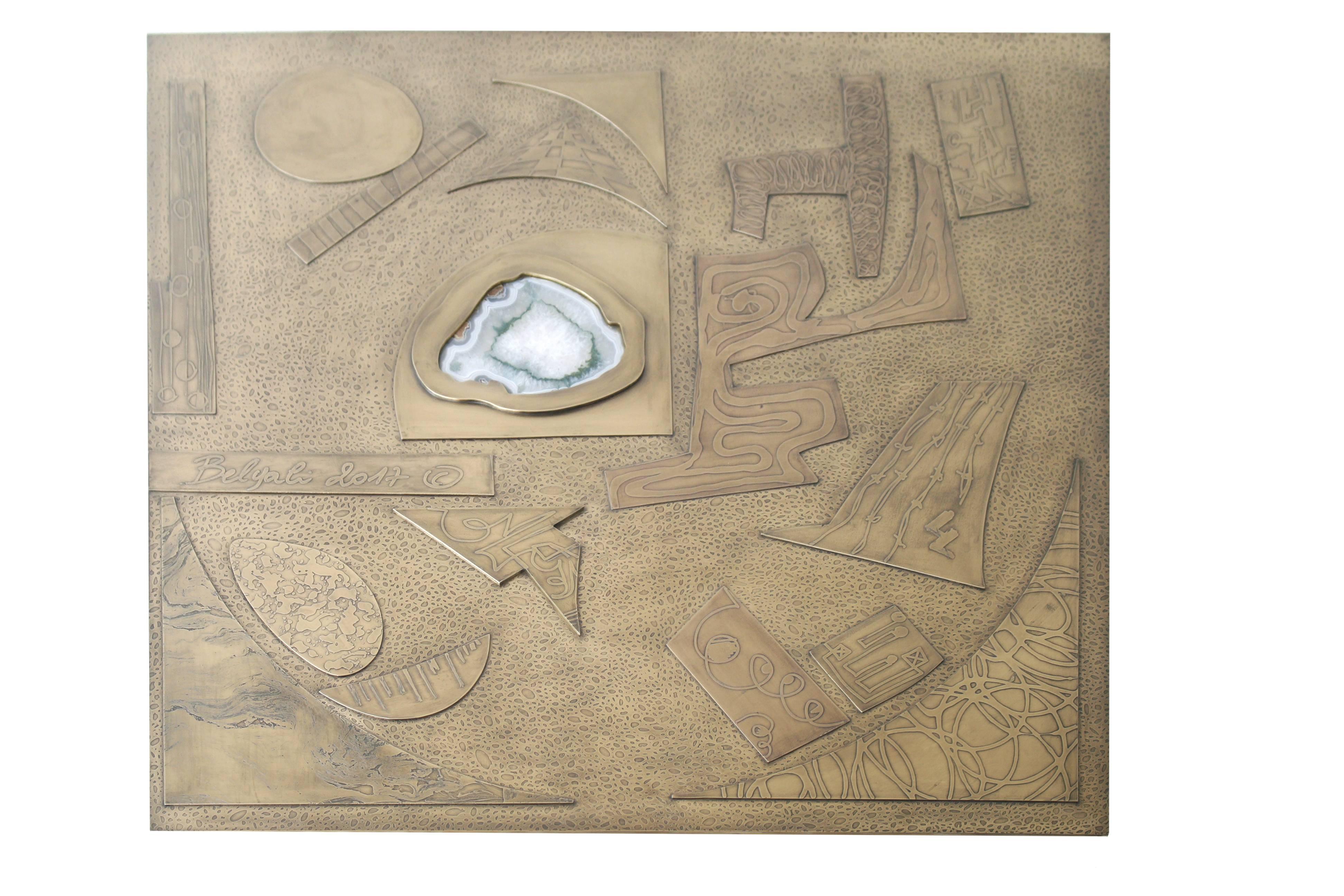 Contemporary Brutalist Square Coffee Table Nr2 by Belgali Acid Etched Brass and Agate Slice For Sale