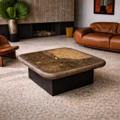 Brutalist Square Coffee Table with Brown Agate by Sculptor Paul Kingma