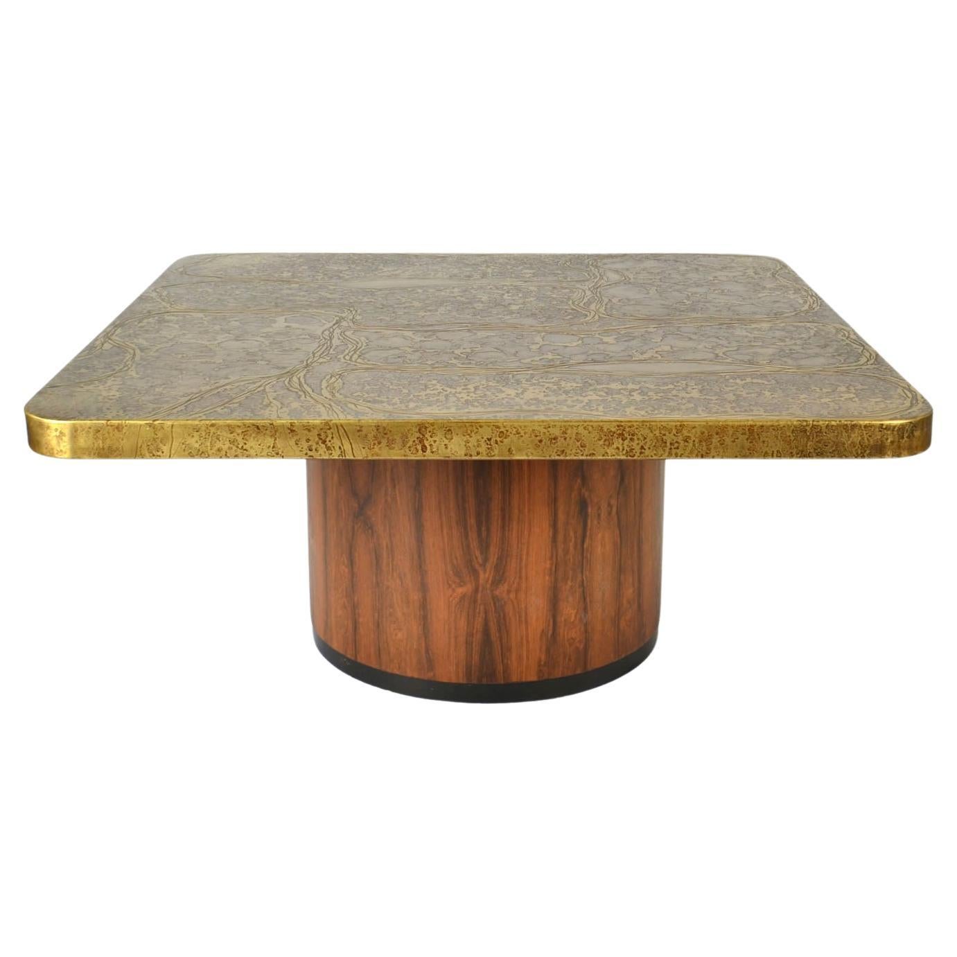 Caffè quadrato brutalista in ottone acidato da tavolo Heinz Lilienthal con base in legno