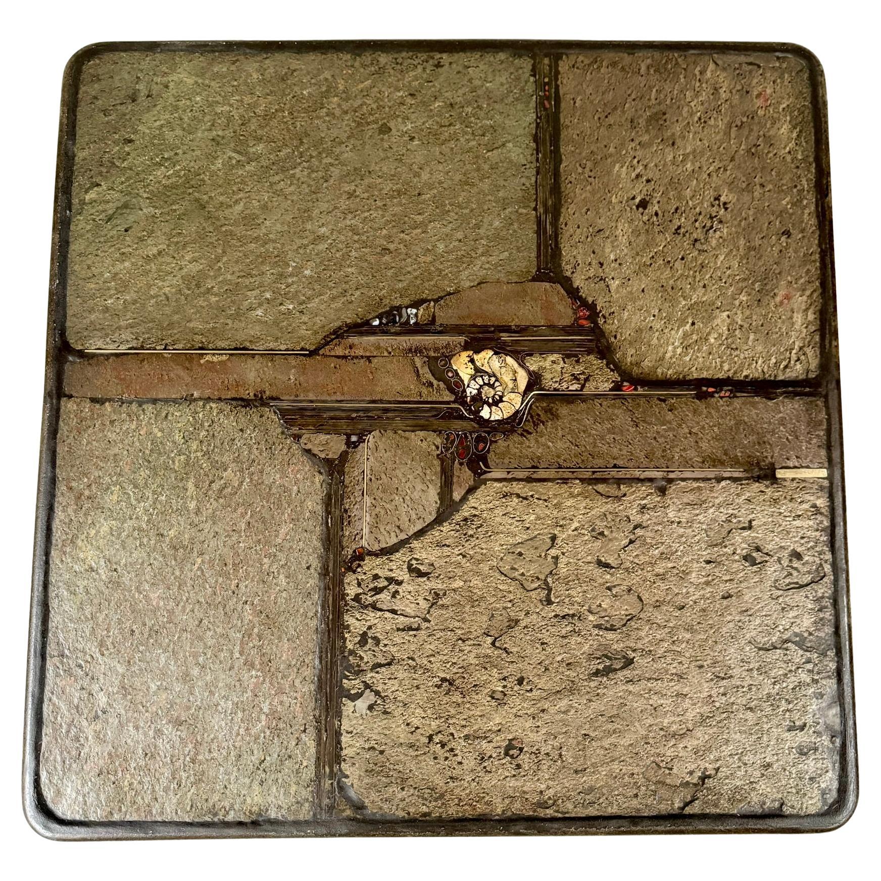 Brutalist Square Slate Stone Ammonite Coffee Table by Paul Kingma 1994