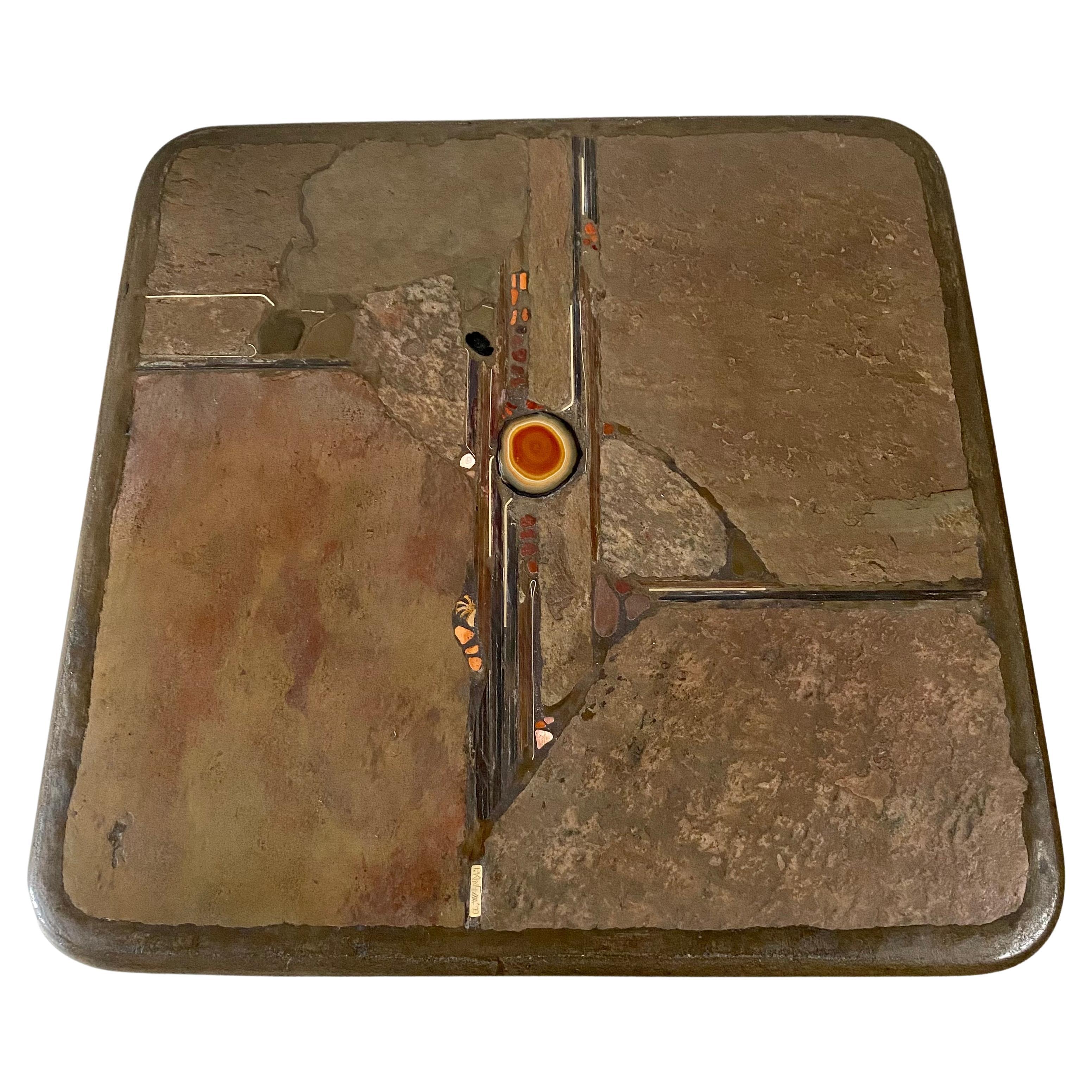 Table basse carrée brutaliste en ardoise et agate rouge de Paul Kingma 