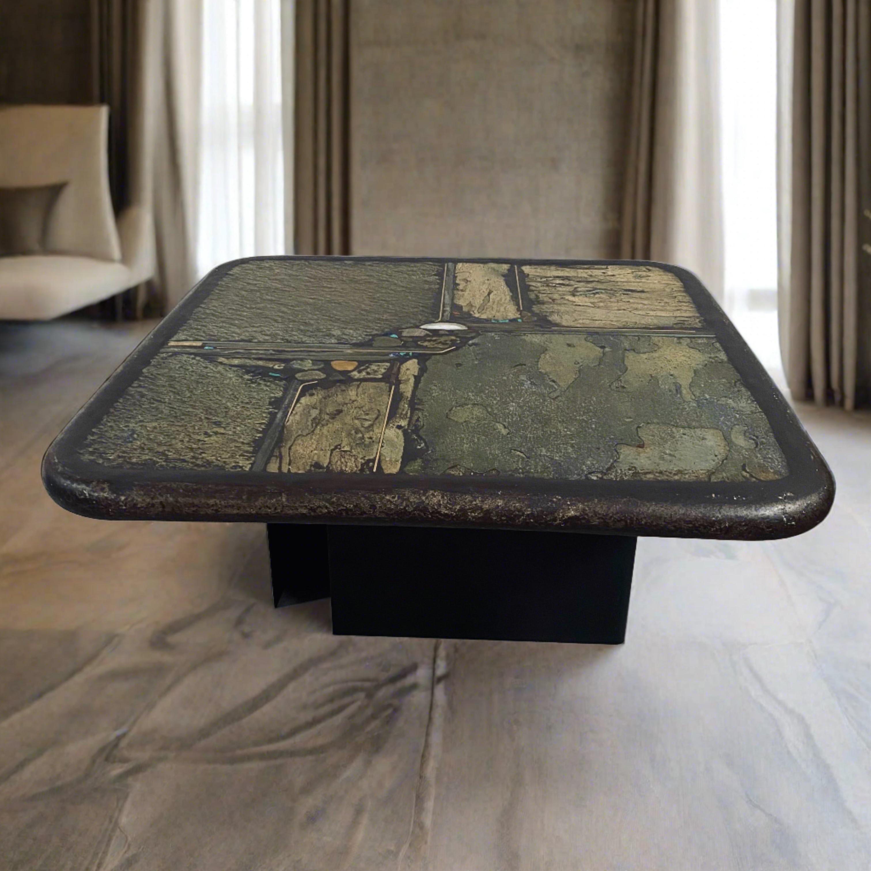 Hand-Carved Brutalist Square Slate Stone White Agate Coffee Table by Paul Kingma  For Sale