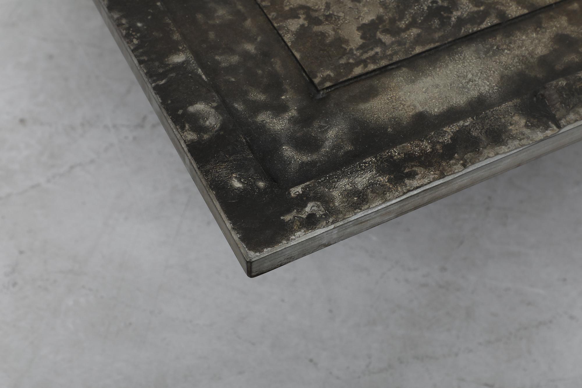 Brutalist Square Stone Top Coffee Table with Chrome Cube Pedestal Base For Sale 3