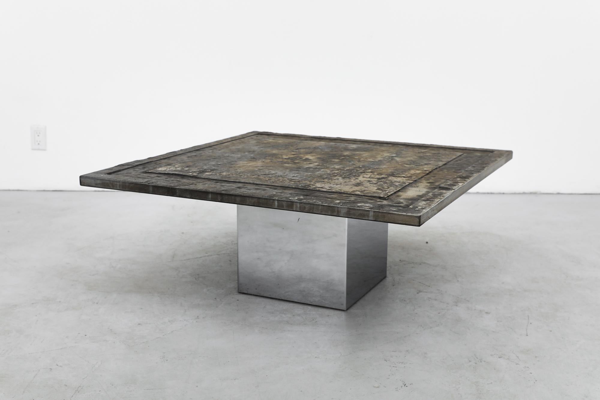 Mid-Century Modern Brutalist Square Stone Top Coffee Table with Chrome Cube Pedestal Base For Sale
