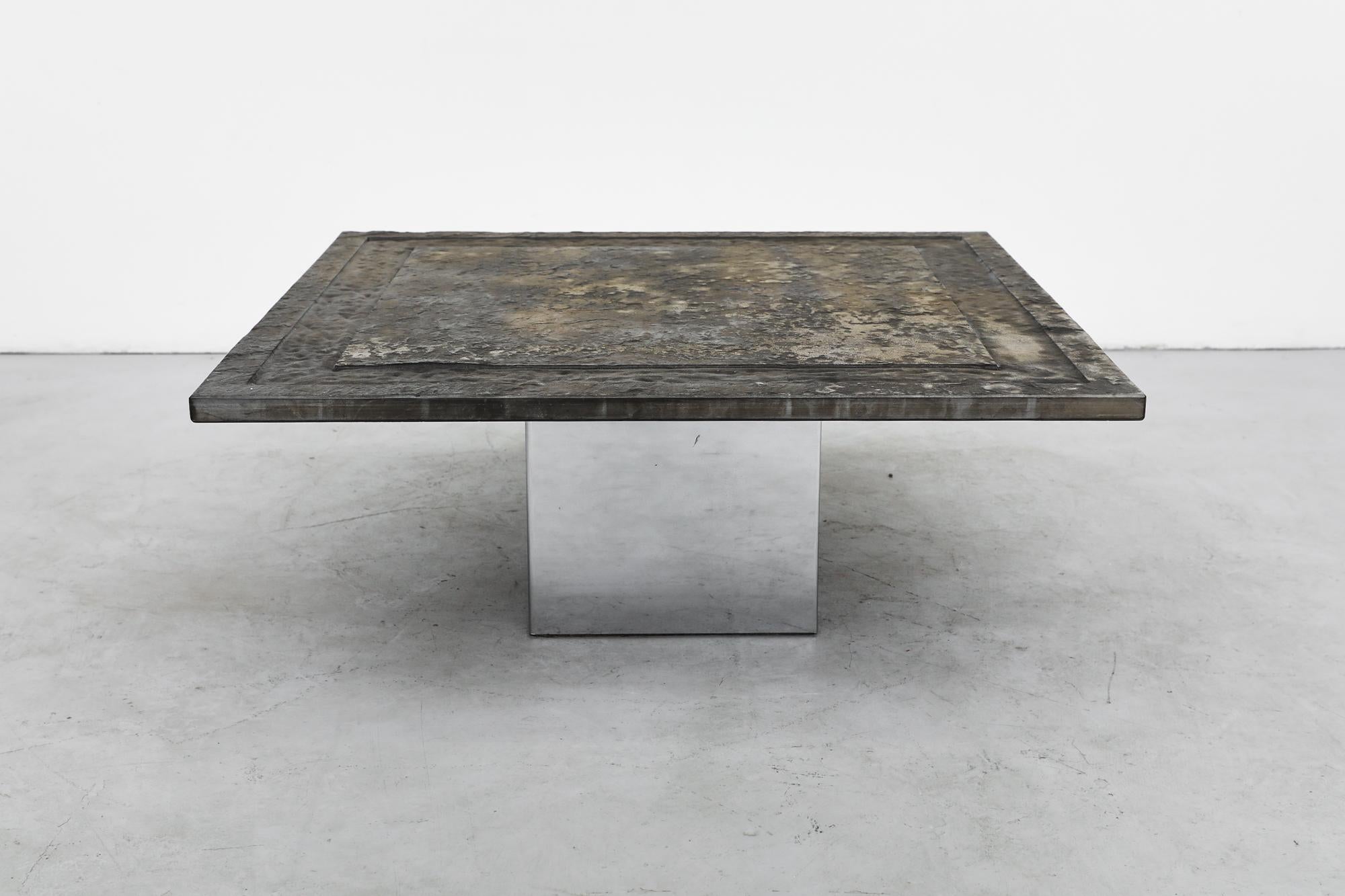Dutch Brutalist Square Stone Top Coffee Table with Chrome Cube Pedestal Base For Sale