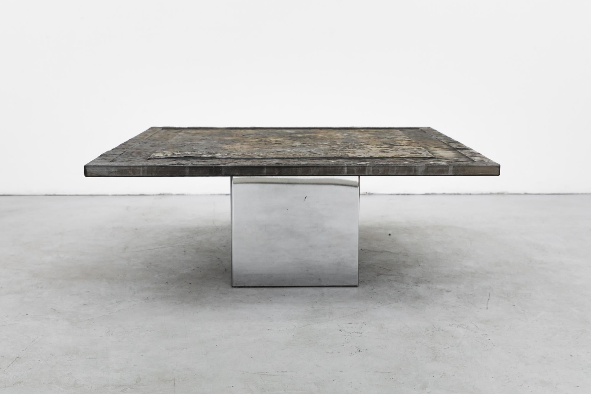 Brutalist Square Stone Top Coffee Table with Chrome Cube Pedestal Base In Good Condition For Sale In Los Angeles, CA