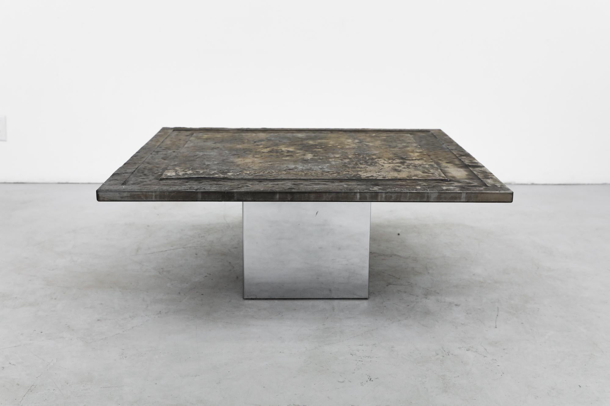 Late 20th Century Brutalist Square Stone Top Coffee Table with Chrome Cube Pedestal Base For Sale