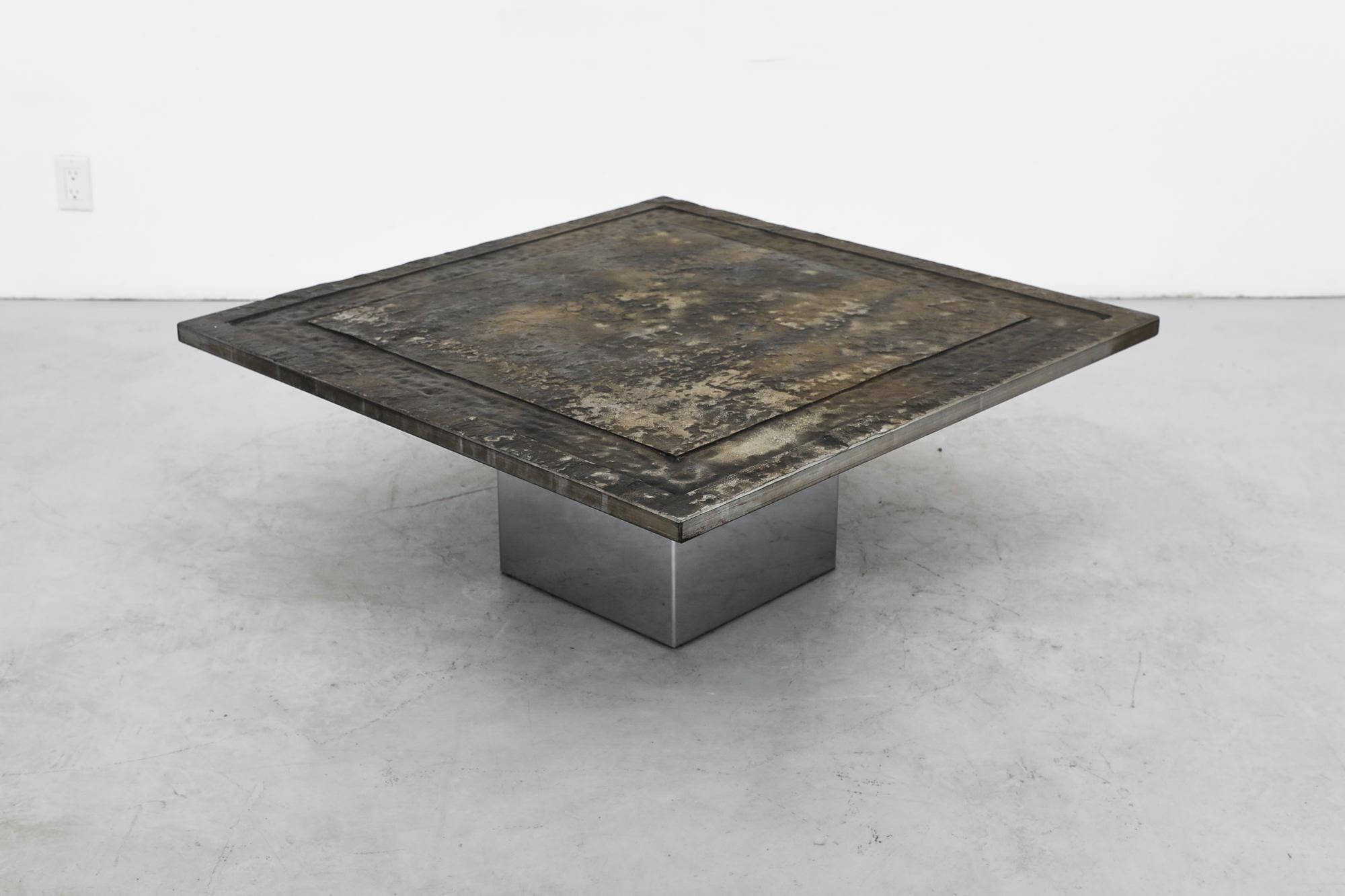 Brutalist Square Stone Top Coffee Table with Chrome Cube Pedestal Base For Sale 1