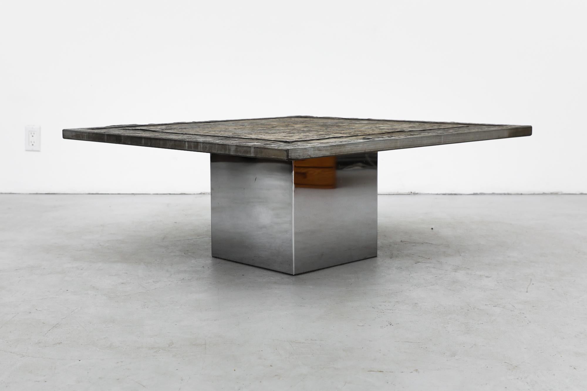 Brutalist Square Stone Top Coffee Table with Chrome Cube Pedestal Base For Sale 2
