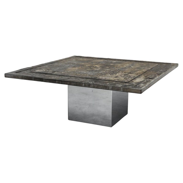 Brutalist Square Stone Top Coffee Table with Chrome Pedestal Base For