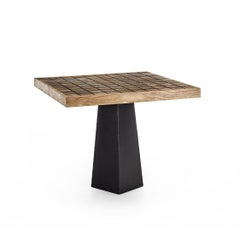 Brutalist Square Table in Reclaimed Cedar Wood Blocks Top with Black Resin Inlay