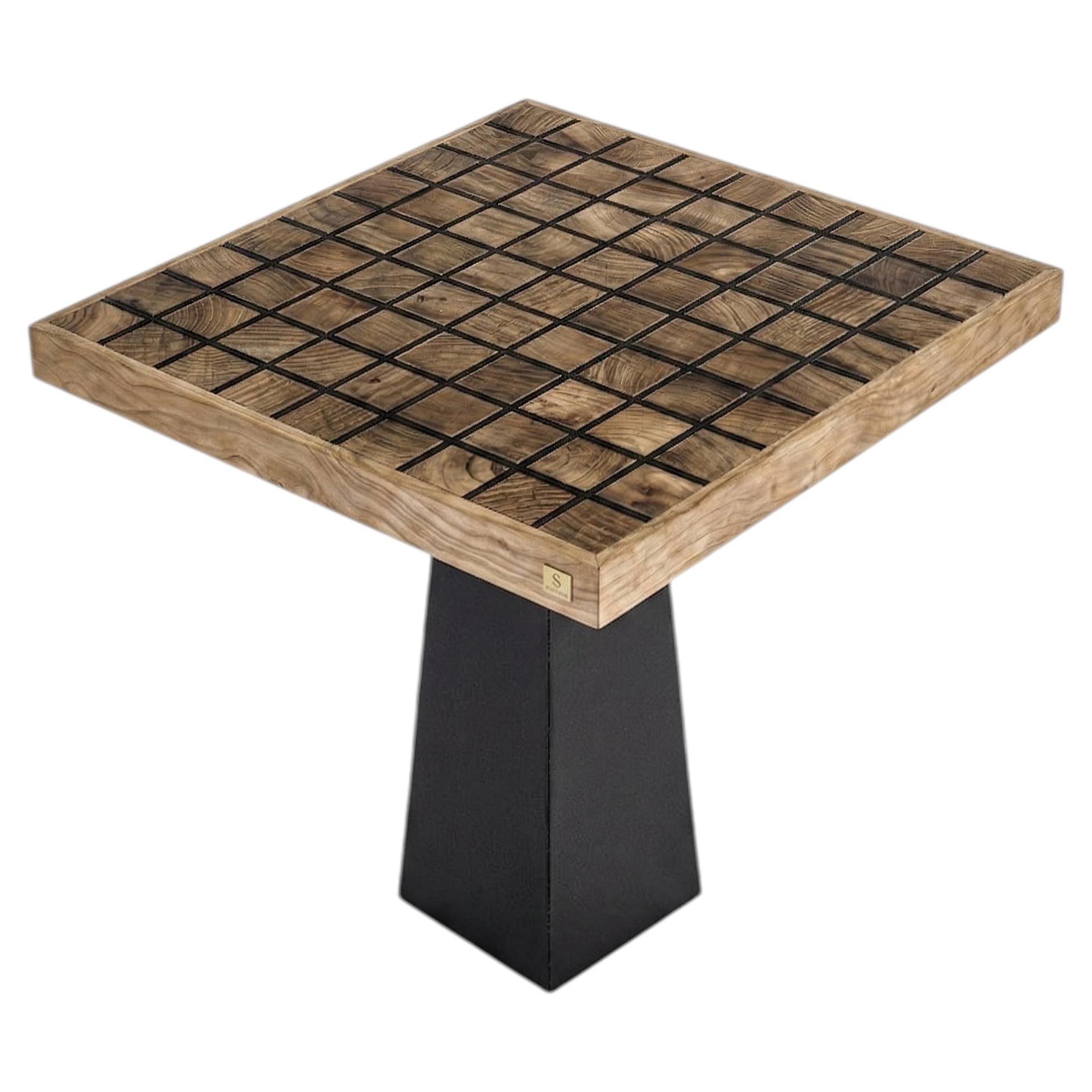 Brutalist Square Table in Reclaimed Cedar Wood Blocks Top with Black Resin Inlay For Sale