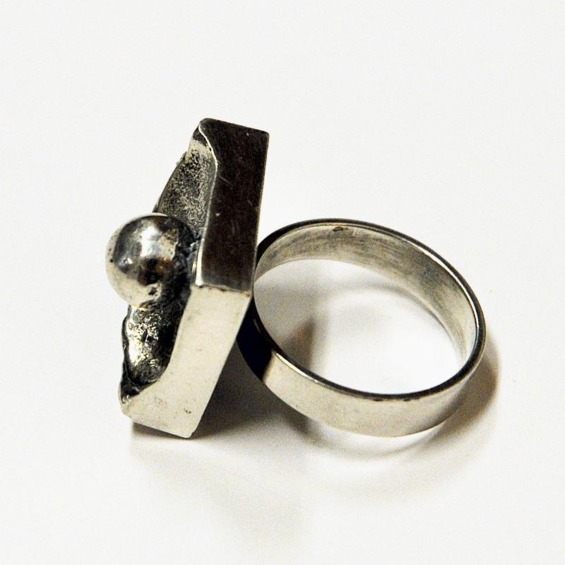 Mid-Century Modern Brutalist Square Vintage Silver Ring, Finland, 1970