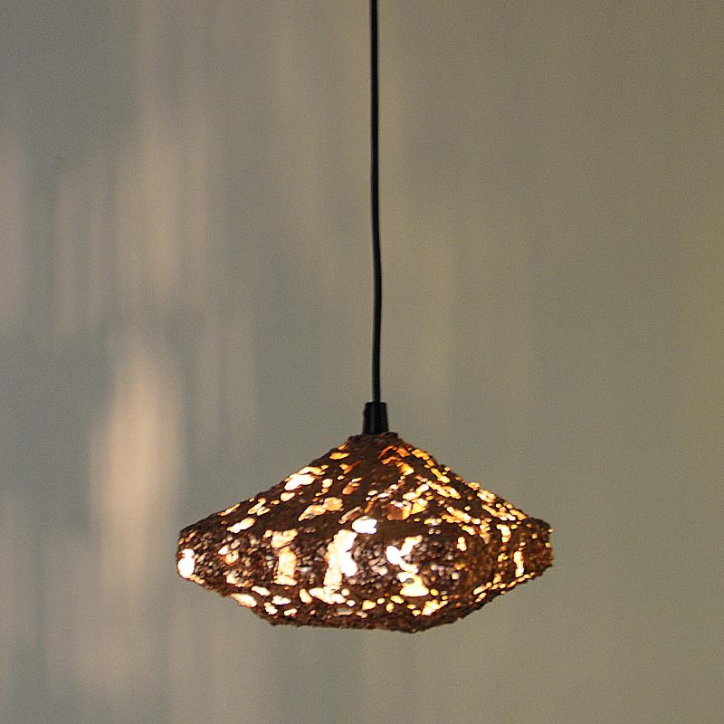Swedish 1960s Brutalist copper pendant lamp with a square lampshade. The shade is made from shards of copper and have a 