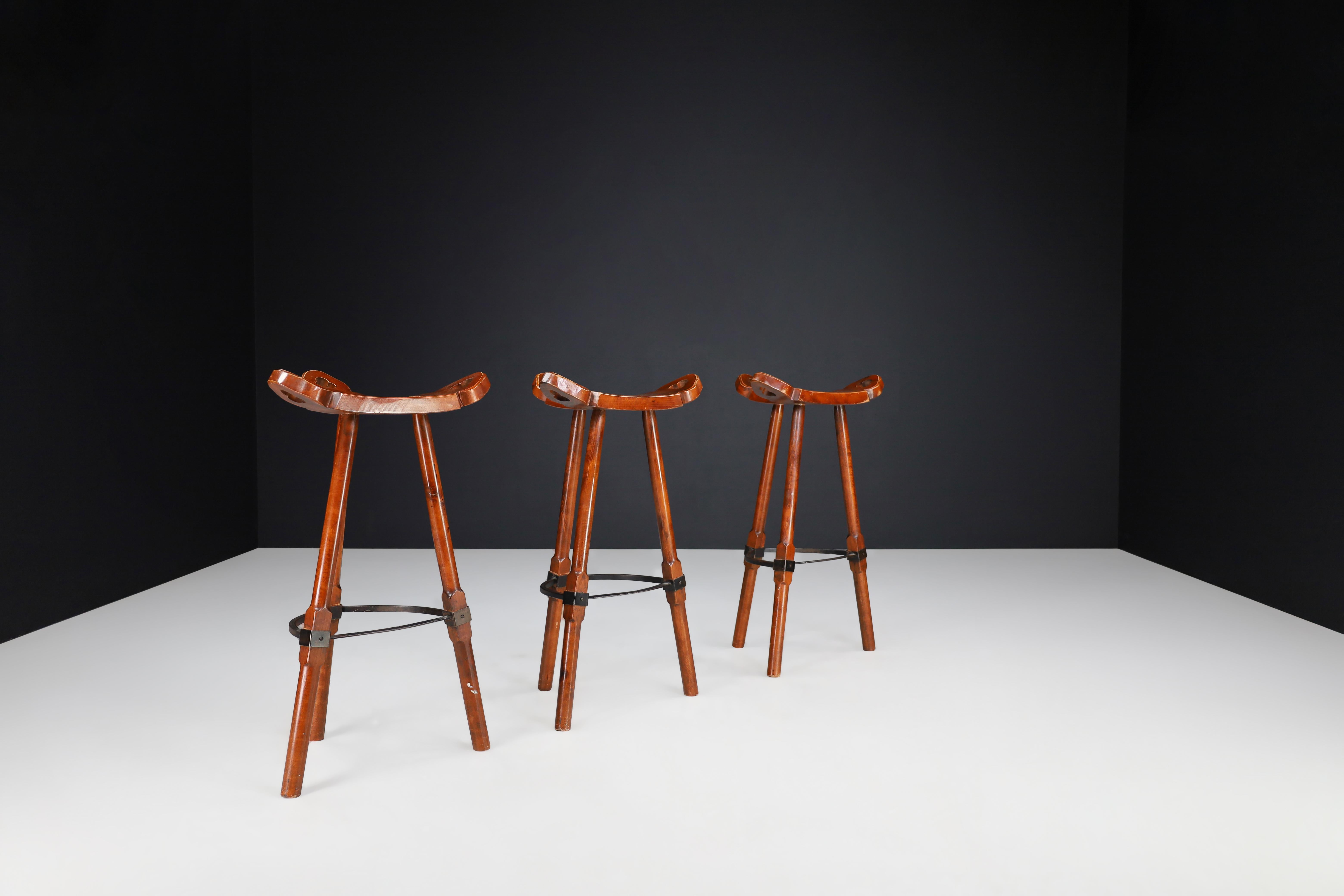 Brutalist Stained Beech Bar Stools, Spain 1970s In Good Condition In Almelo, NL