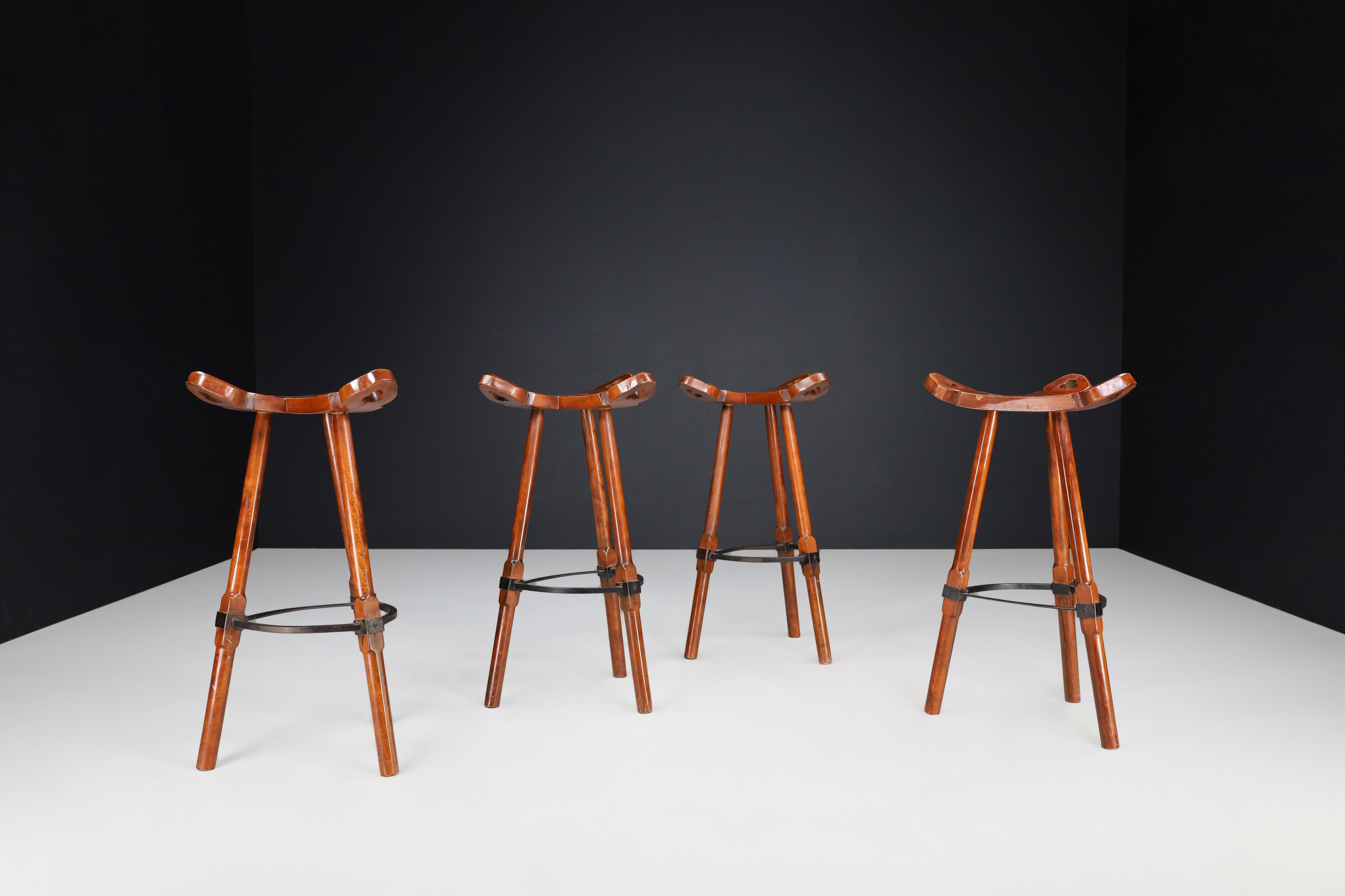 Late 20th Century Brutalist Stained Beech Bar Stools, Spain 1970s