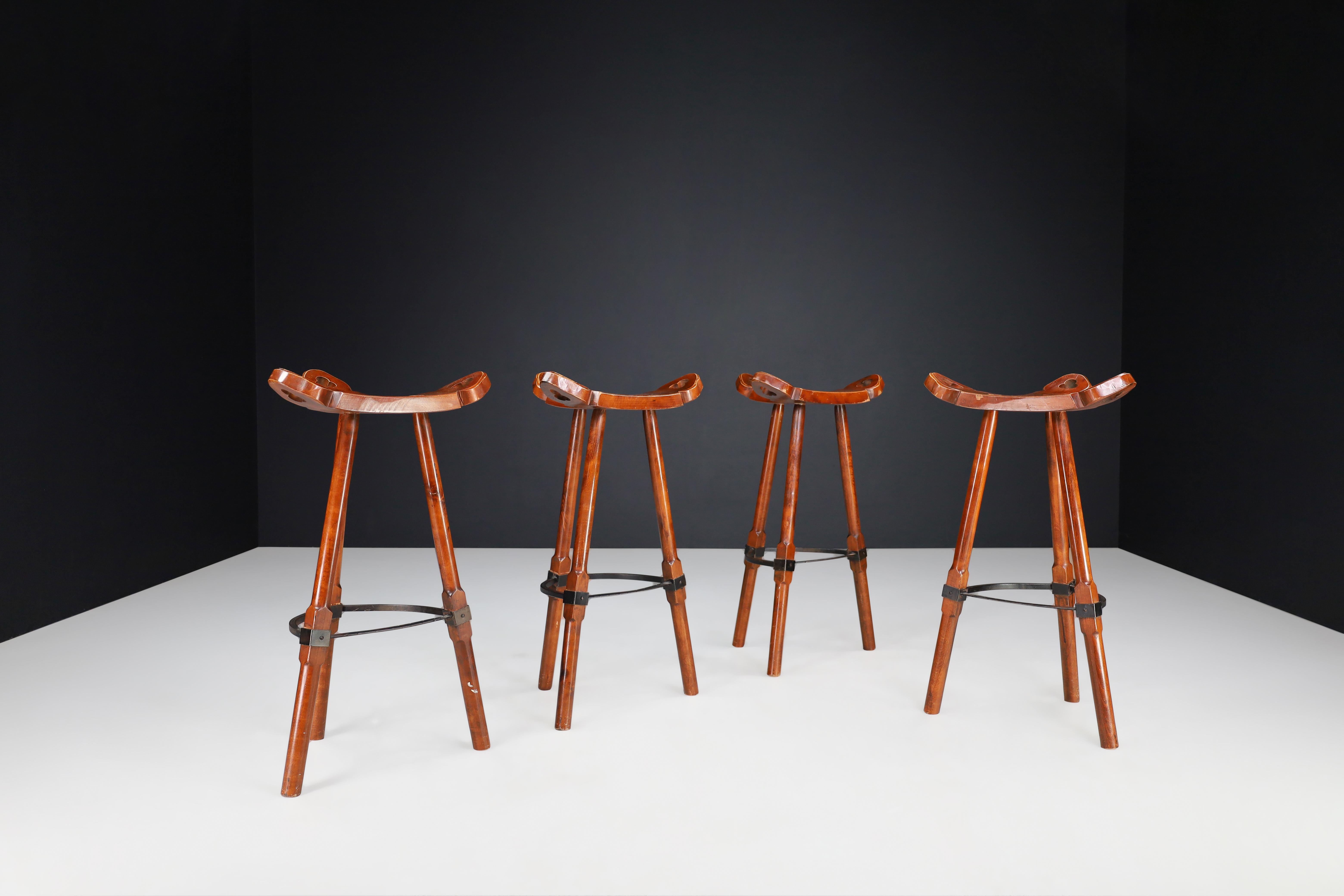 Brutalist Stained Beech Bar Stools, Spain 1970s 1