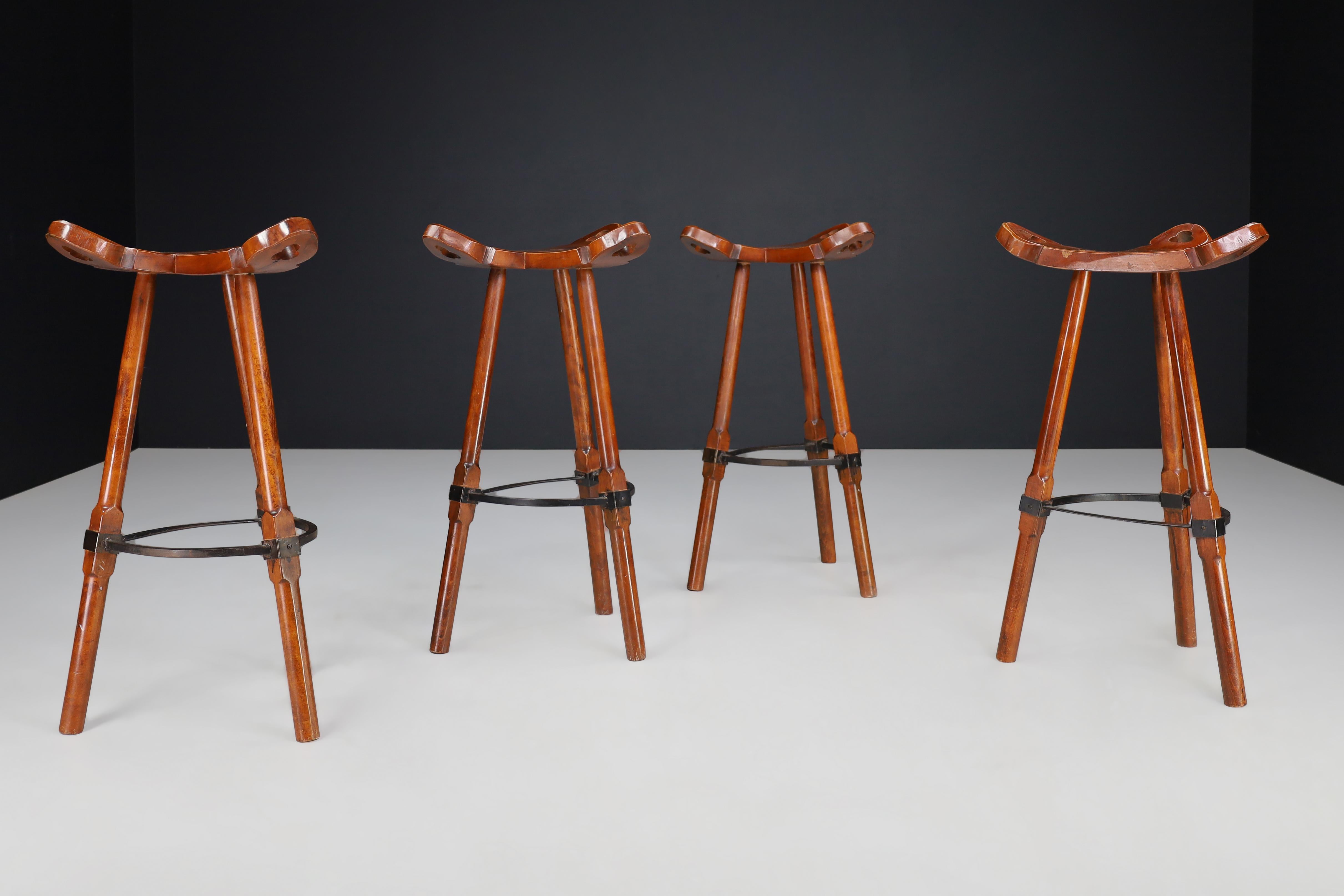 Brutalist Stained Beech Bar Stools, Spain 1970s