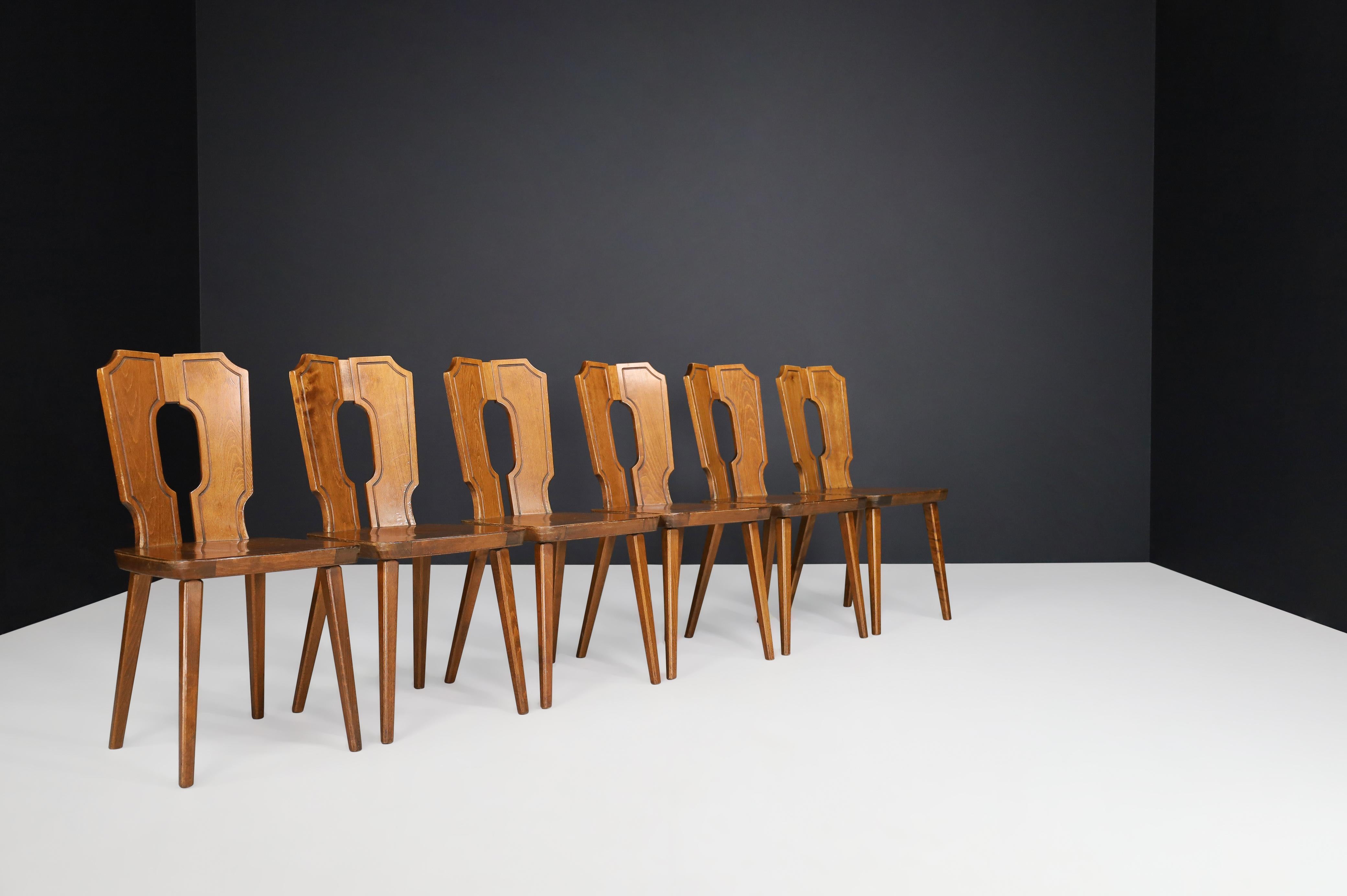 Brutalist Stained Beech Dining Chairs, France 1960s  For Sale 5