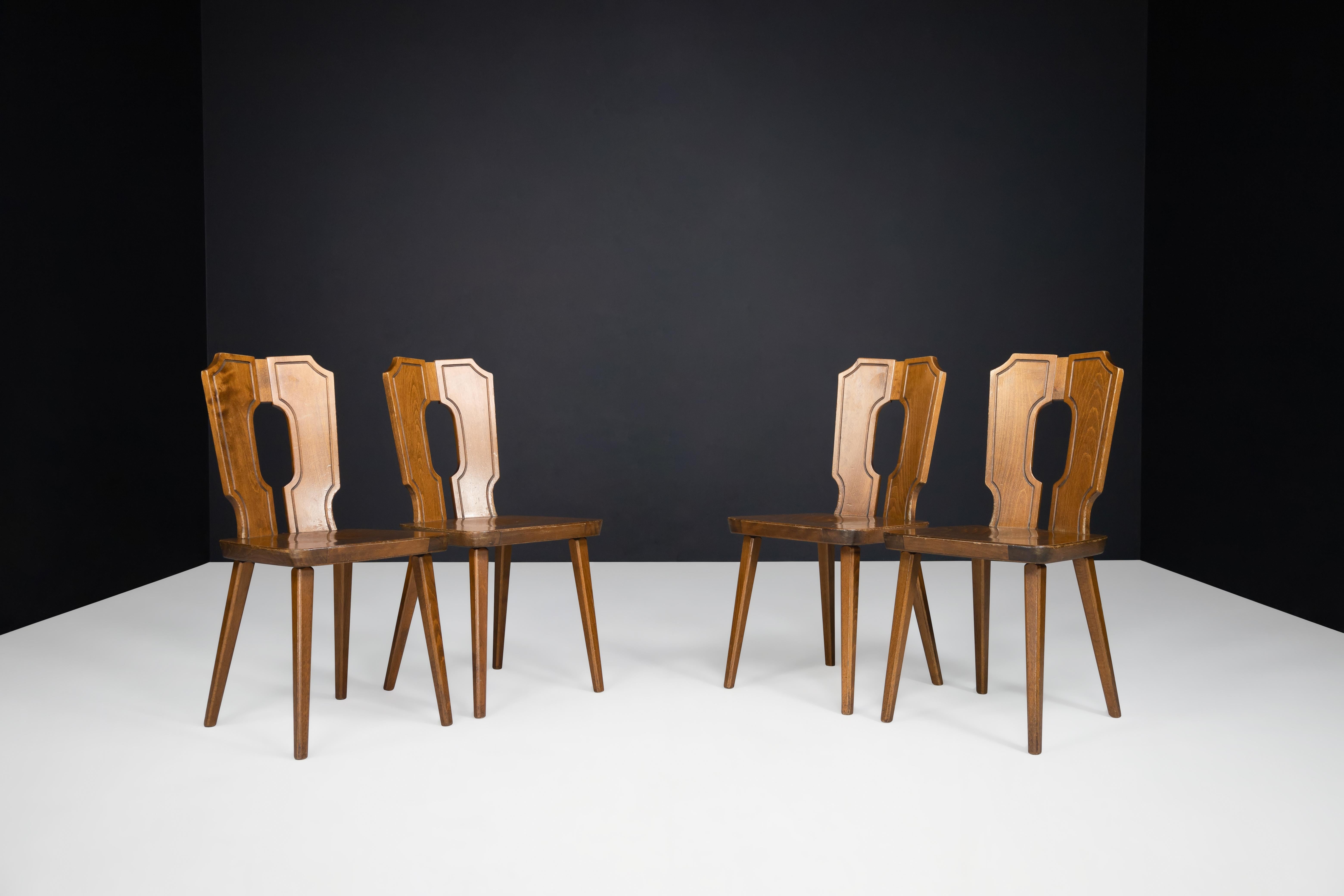 Brutalist Stained Beech Dining Chairs, France 1960s  For Sale 6