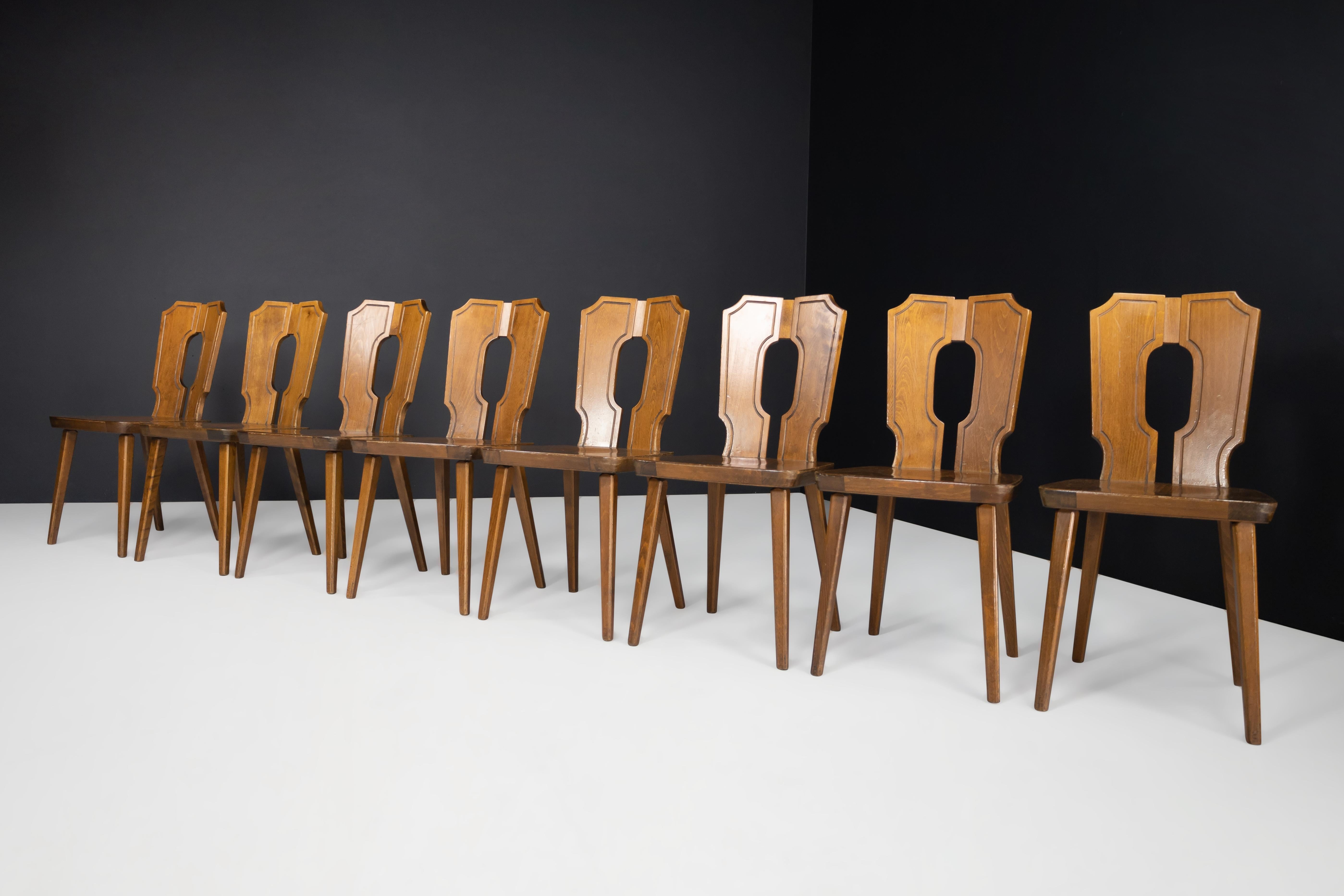Brutalist Stained Beech Dining Chairs, France 1960s  For Sale 10