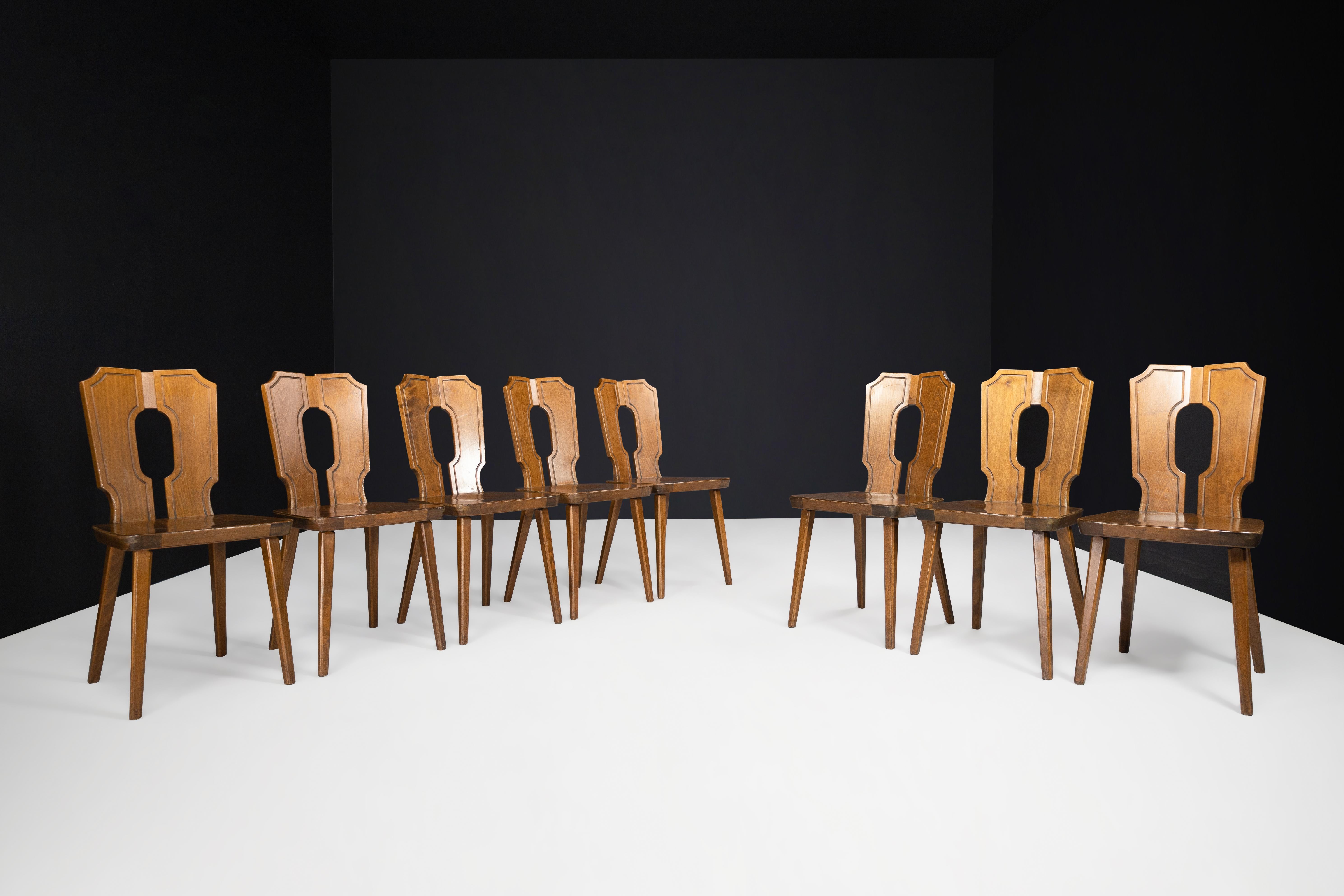 French Brutalist Stained Beech Dining Chairs, France 1960s  For Sale