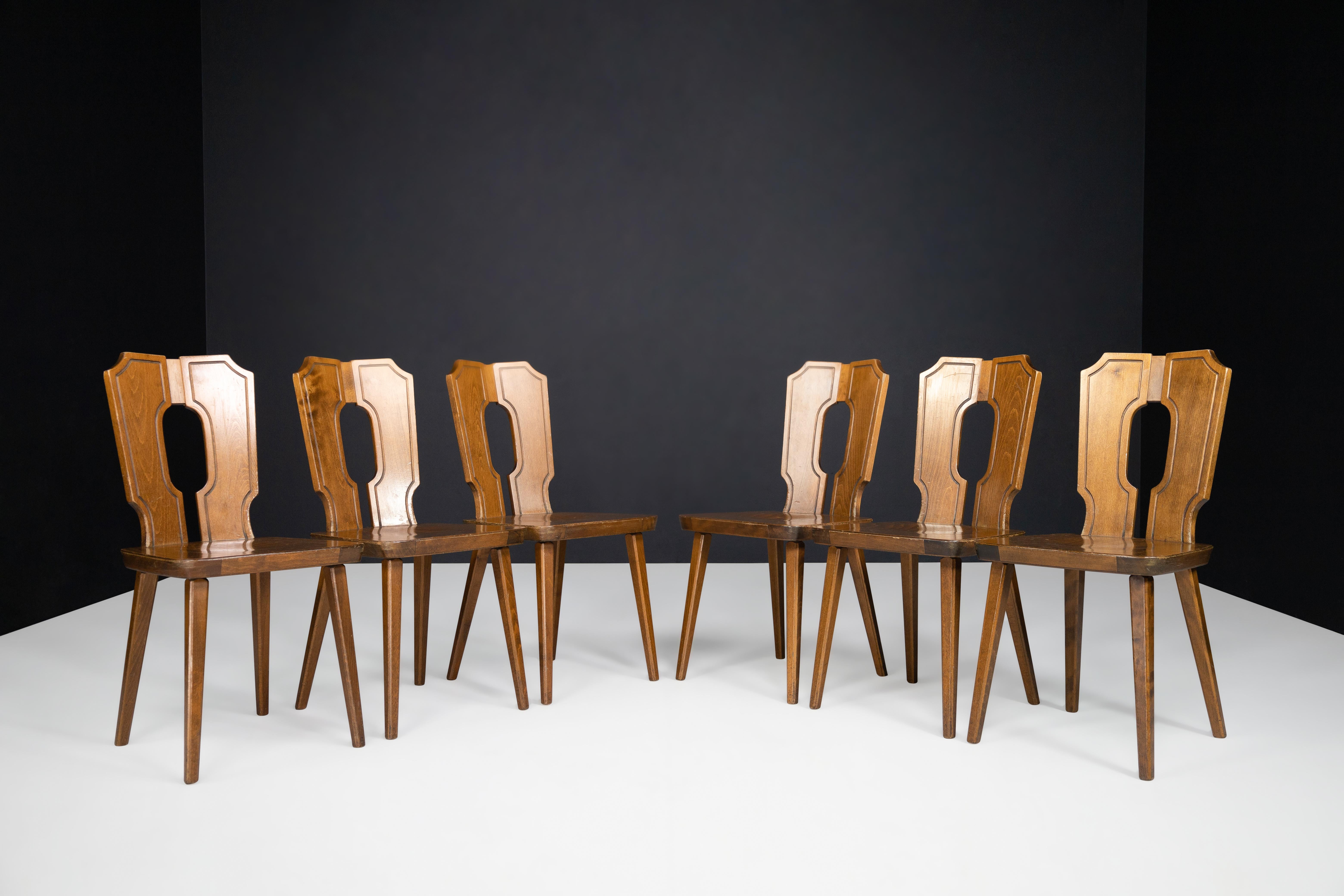 Brutalist Stained Beech Dining Chairs, France 1960s  In Good Condition For Sale In Almelo, NL
