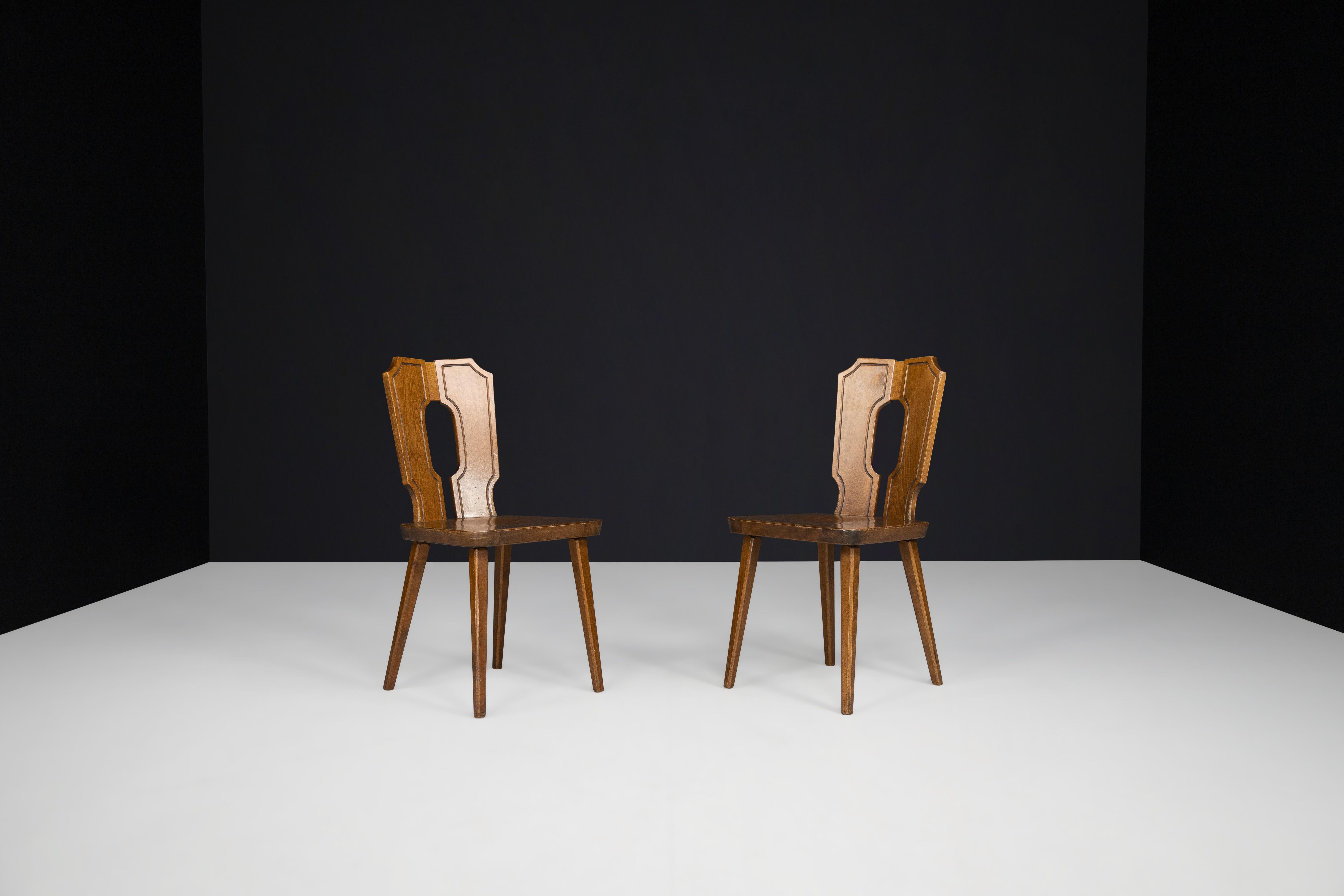 Brutalist Stained Beech Dining Chairs, France 1960s  For Sale 3