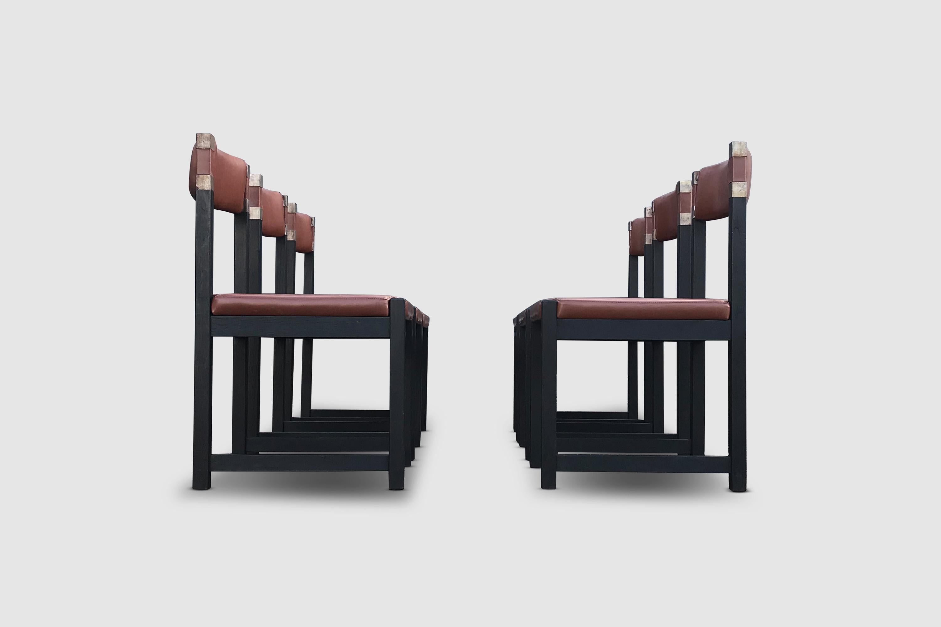 Faux Leather Brutalist Stained Oak Dining Chair by Emiel Veranneman for De Coene Belgium 1970