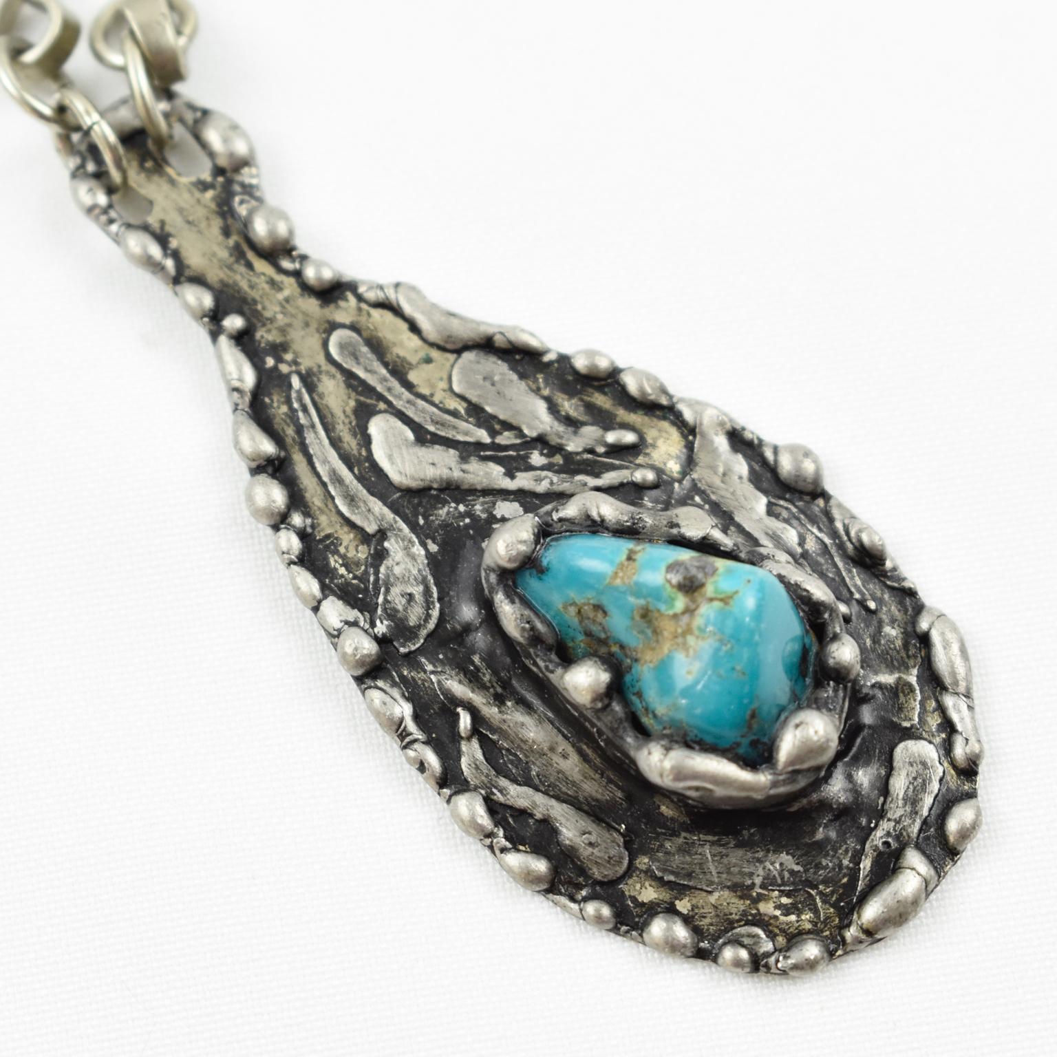 Brutalist Stainless Steel Long Necklace Turquoise Stone In Excellent Condition In Atlanta, GA