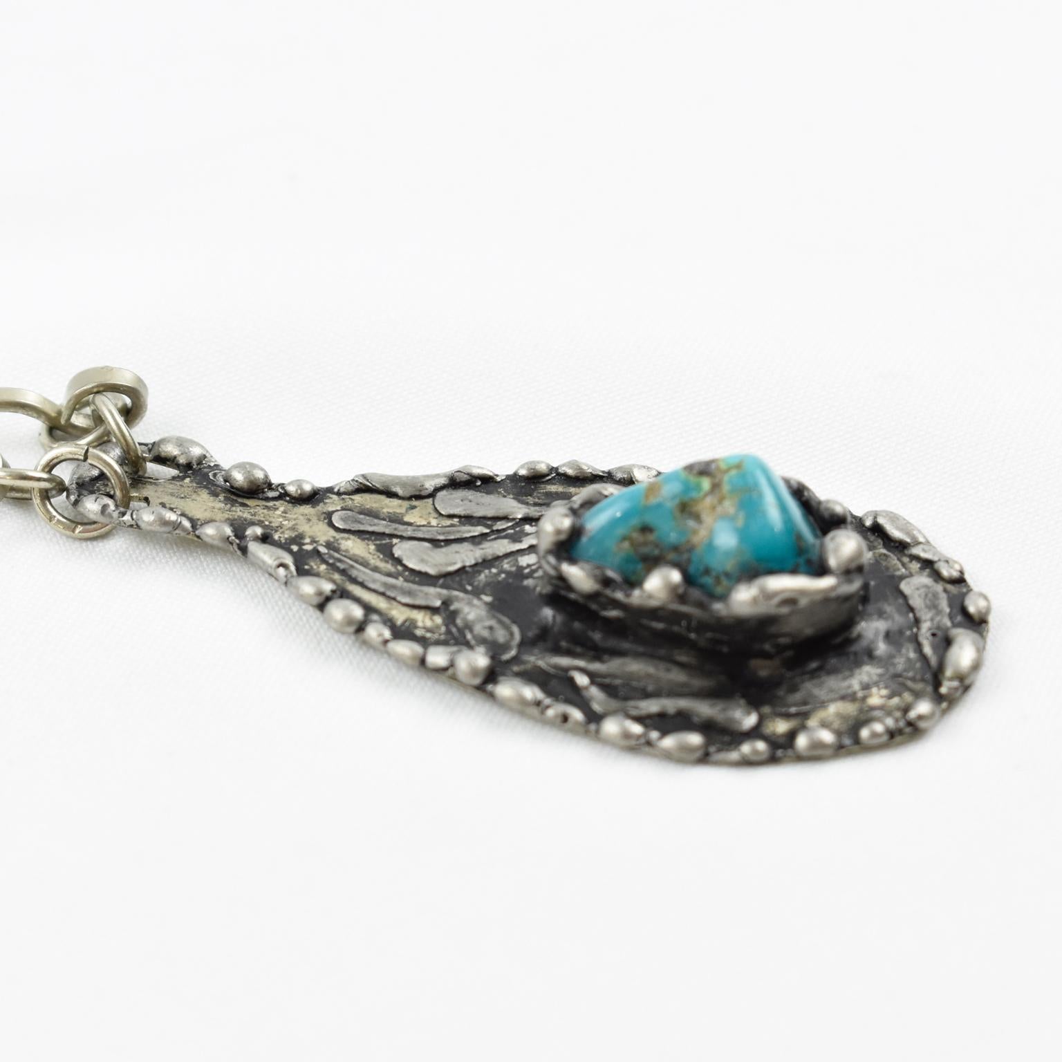 Women's or Men's Brutalist Stainless Steel Long Necklace Turquoise Stone