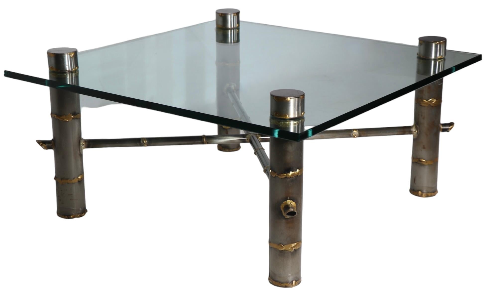 Brutalist Steel and Brass Faux Bamboo and Glass Coffee Table after Evans c 1970s For Sale 7