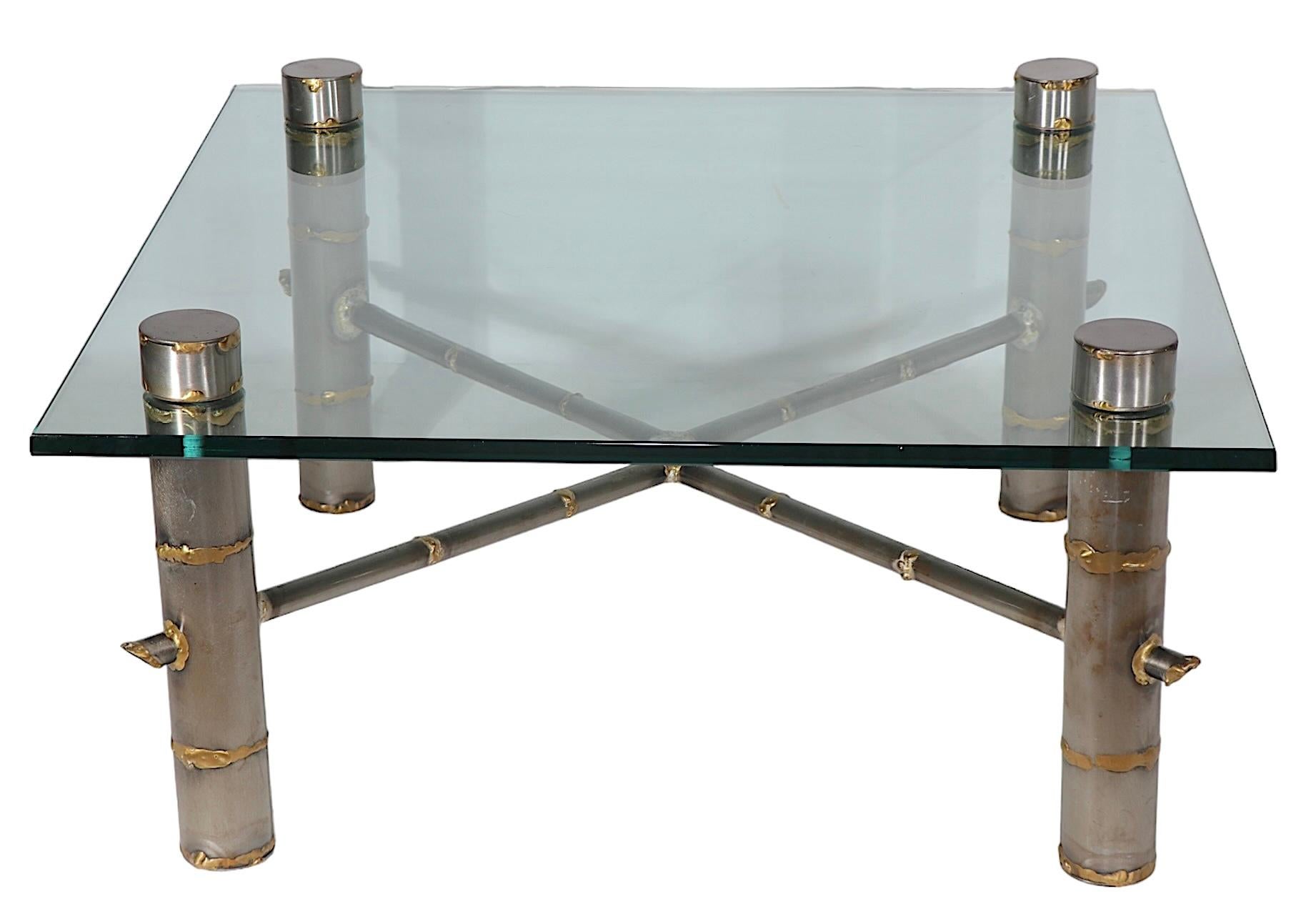American Brutalist Steel and Brass Faux Bamboo and Glass Coffee Table after Evans c 1970s For Sale