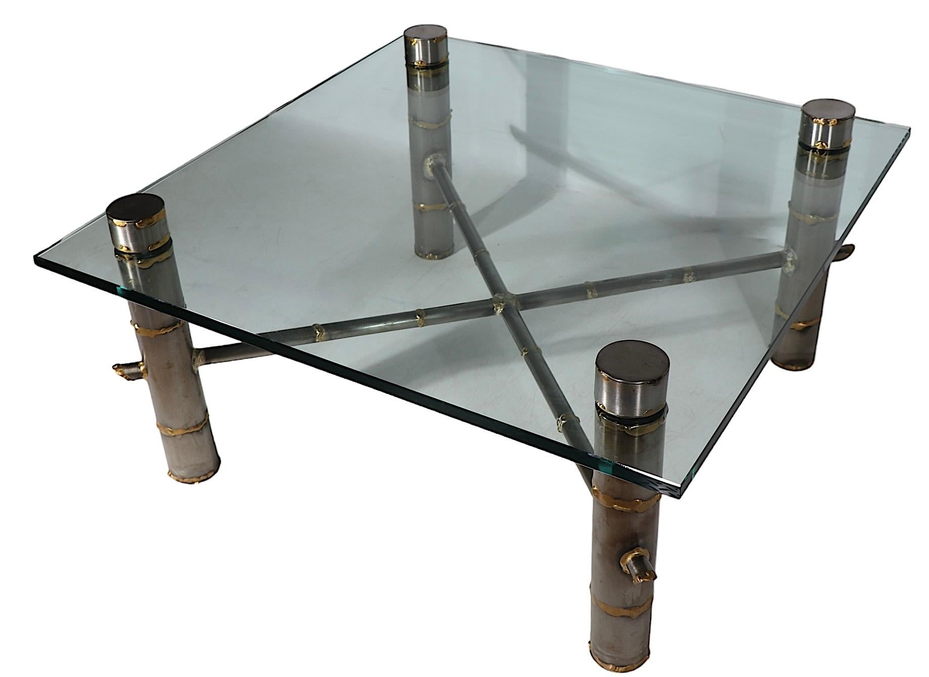 Brutalist Steel and Brass Faux Bamboo and Glass Coffee Table after Evans c 1970s For Sale 2