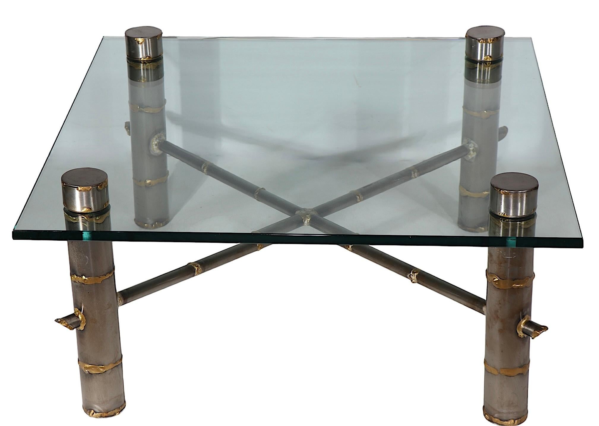 Brutalist Steel and Brass Faux Bamboo and Glass Coffee Table after Evans c 1970s For Sale 3