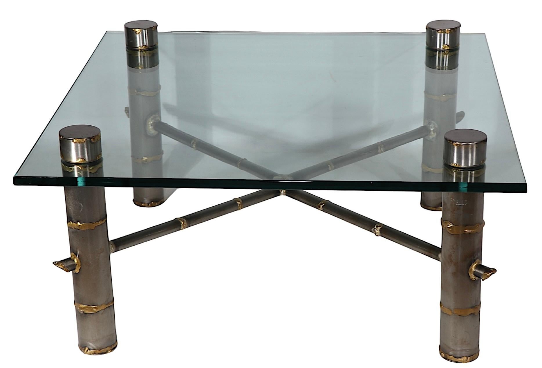Brutalist Steel and Brass Faux Bamboo and Glass Coffee Table after Evans c 1970s For Sale 4