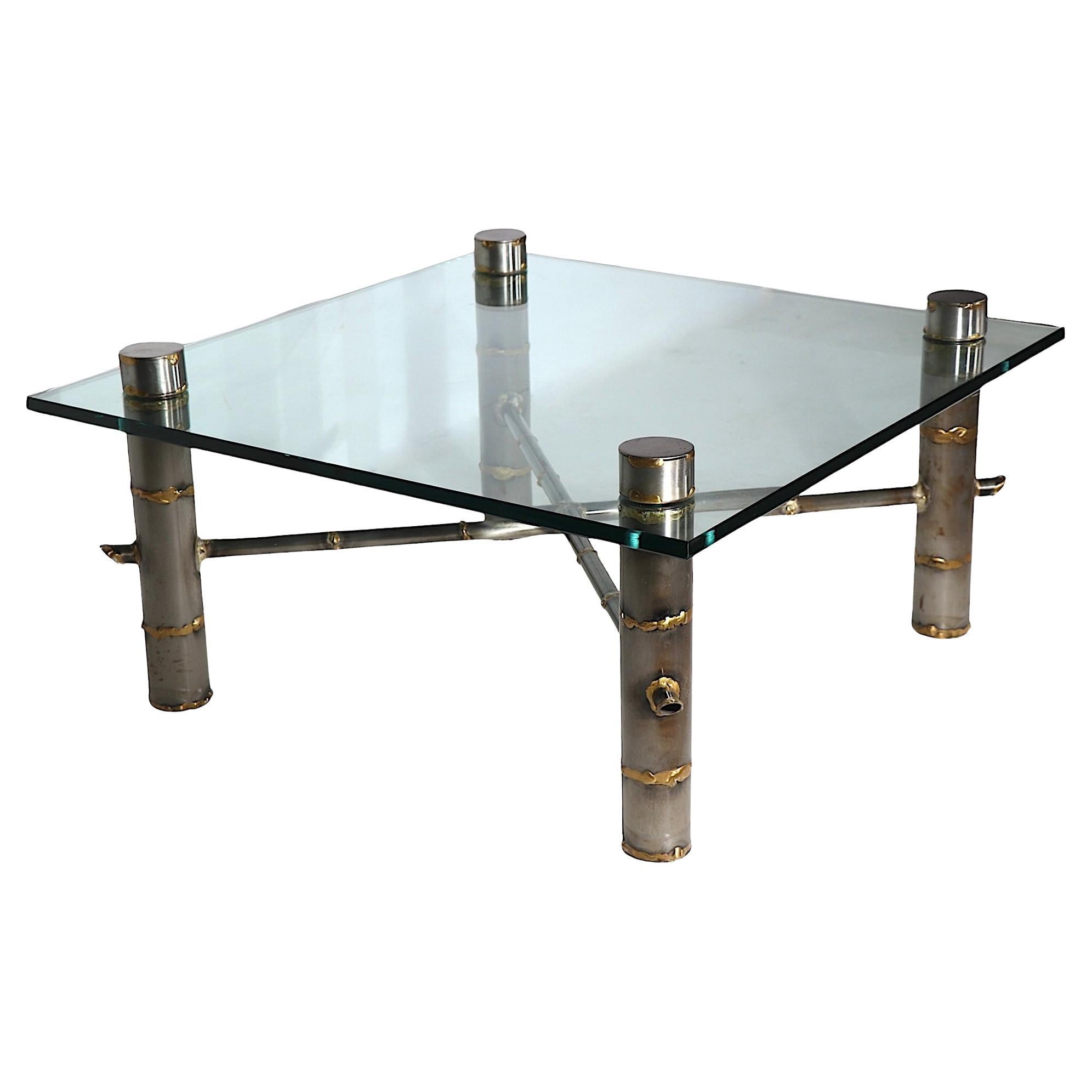 Brutalist Steel and Brass Faux Bamboo and Glass Coffee Table after Evans c 1970s For Sale