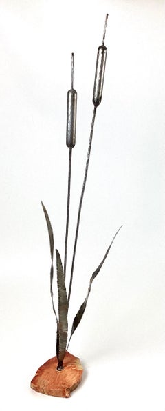 Brutalist Steel Cattail Table Top Sculpture Signed