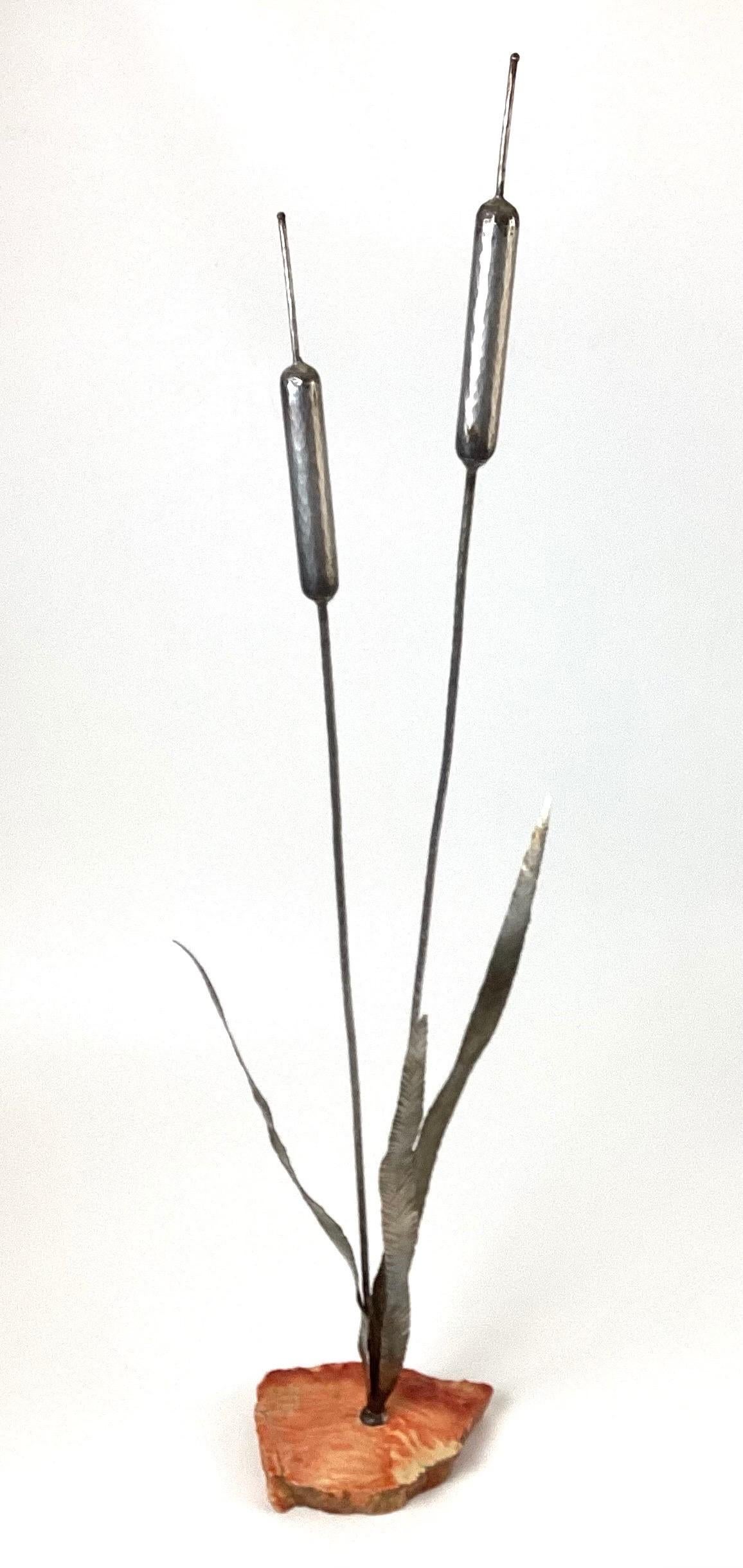 American Brutalist Steel Cattail Table Top Sculpture Signed For Sale