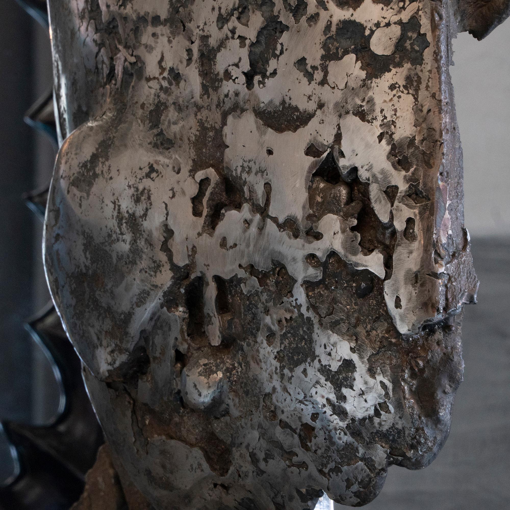 Brutalist Steel Sculpture on Black Wood Base, Signed 