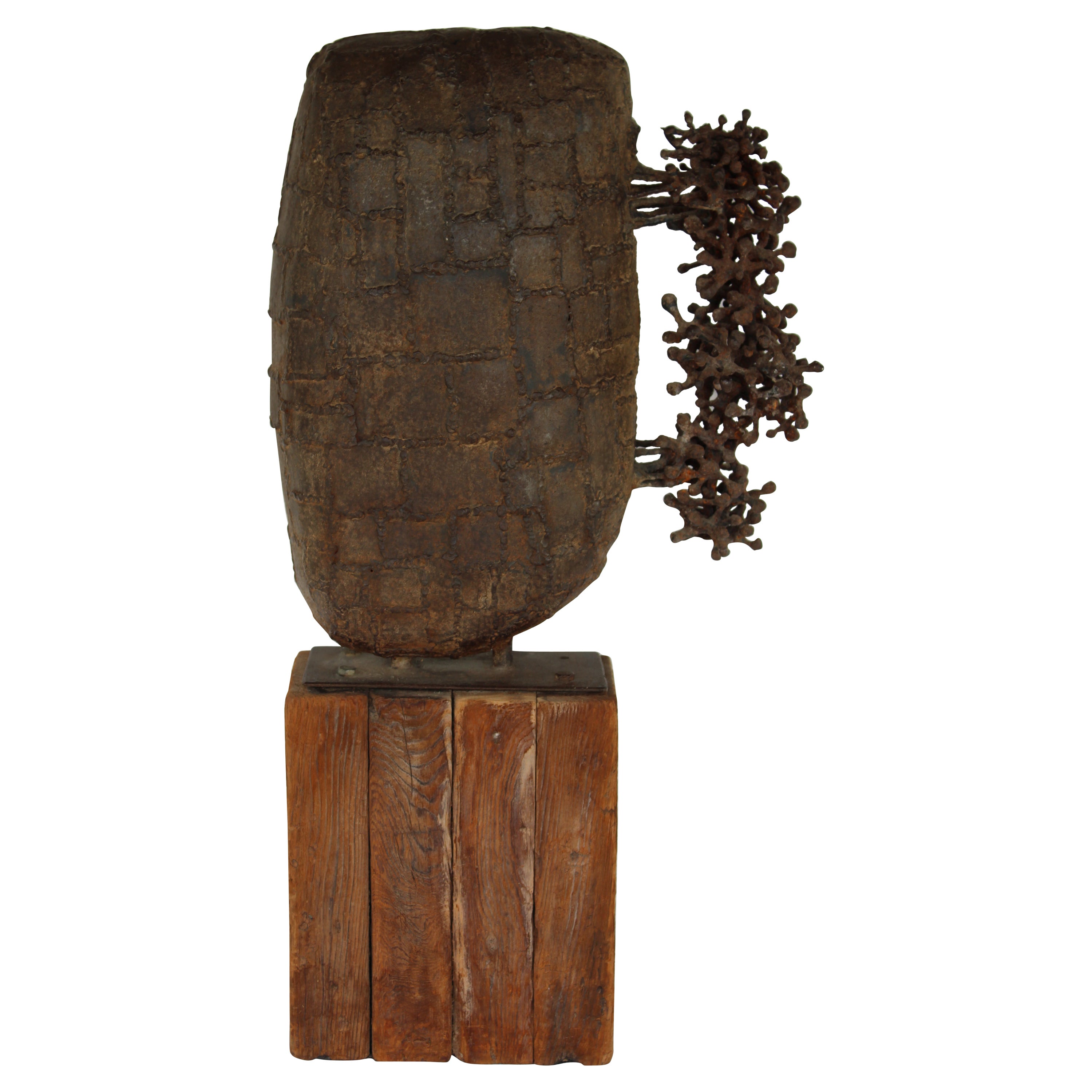 Brutalist Steel Sculpture on Wood Base