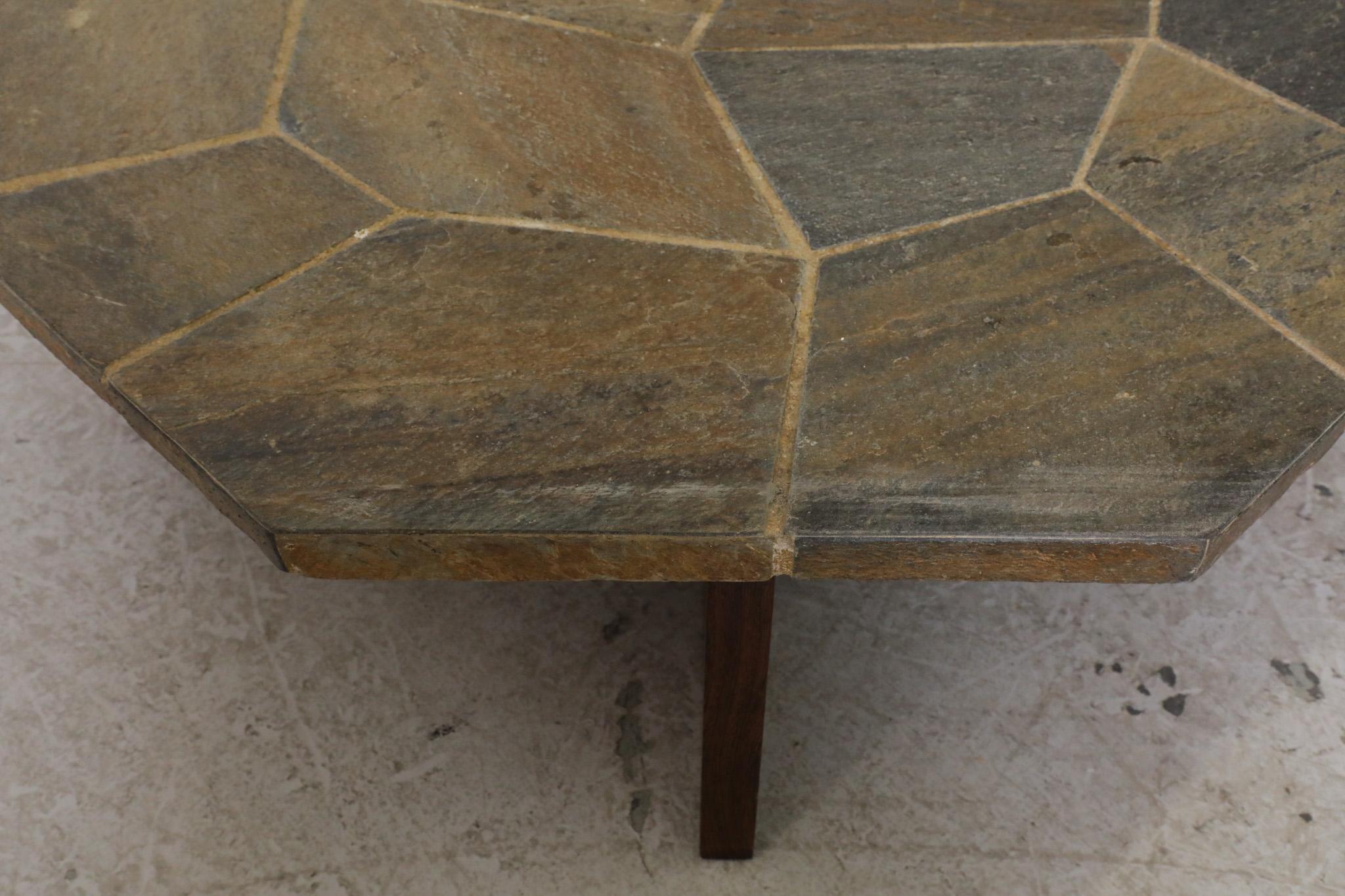 Brutalist Stone Mosaic Coffee Table with Wood X-Base For Sale 4