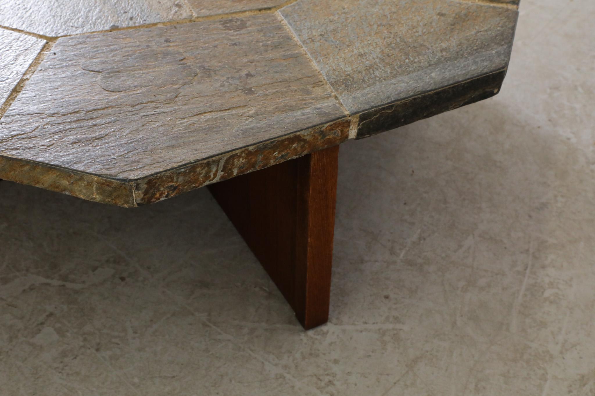 Brutalist Stone Mosaic Coffee Table with Wood X-Base For Sale 6